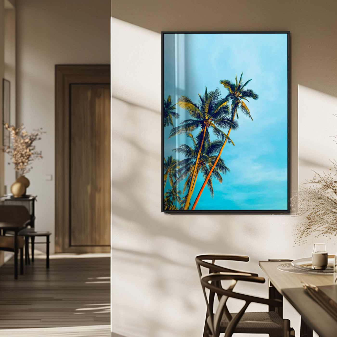 62885569-MGV-FP-48X32-3P_Black-Palm Trees Wall Art Canvas Print, Framed Tropical Vibes Art Picture Print, Blue Sky Perfect Coastal Boho Decor Artwork