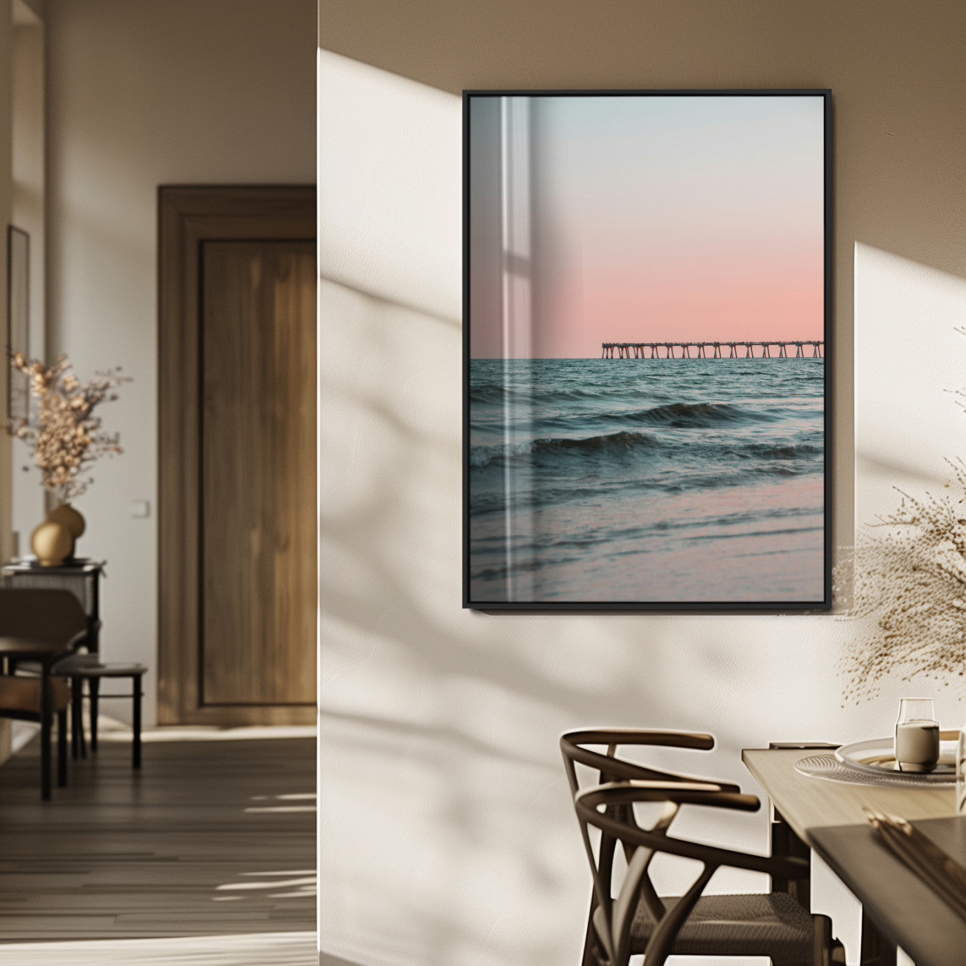 89450227-MGV-FP-48X32-3P_Black-Minimalist Seascape Wall Art Canvas Print, Framed Soft Pastel Sunset Art Picture Print, Tranquil Ocean Perfect Minimalist Coastal
