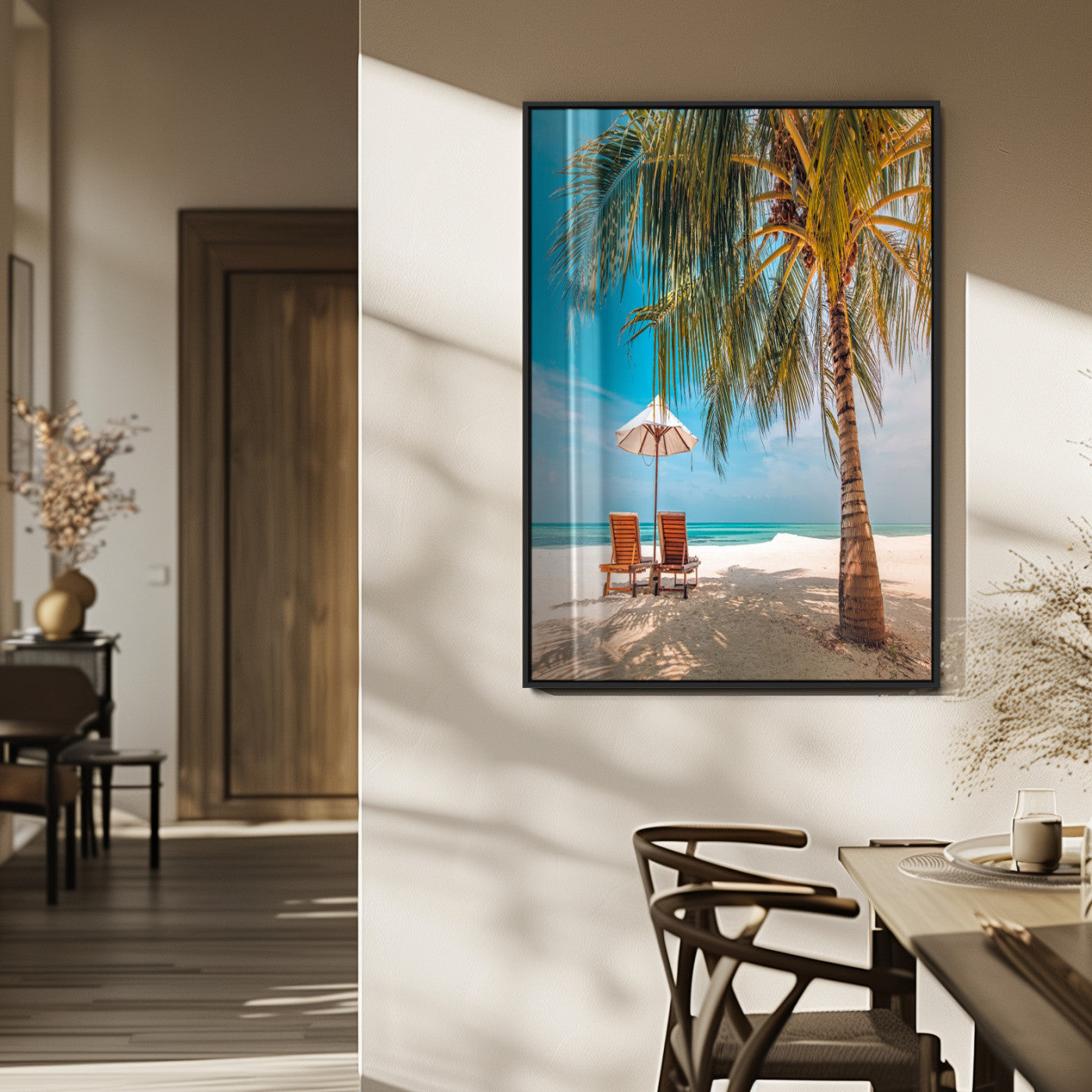 51024-MGV-CV-24X36-Tropical Beach Wall Art Canvas Print, Framed Palm Tree Art Picture Print, Sandy Shoreline Perfect Minimalist Coastal Decor Artwork