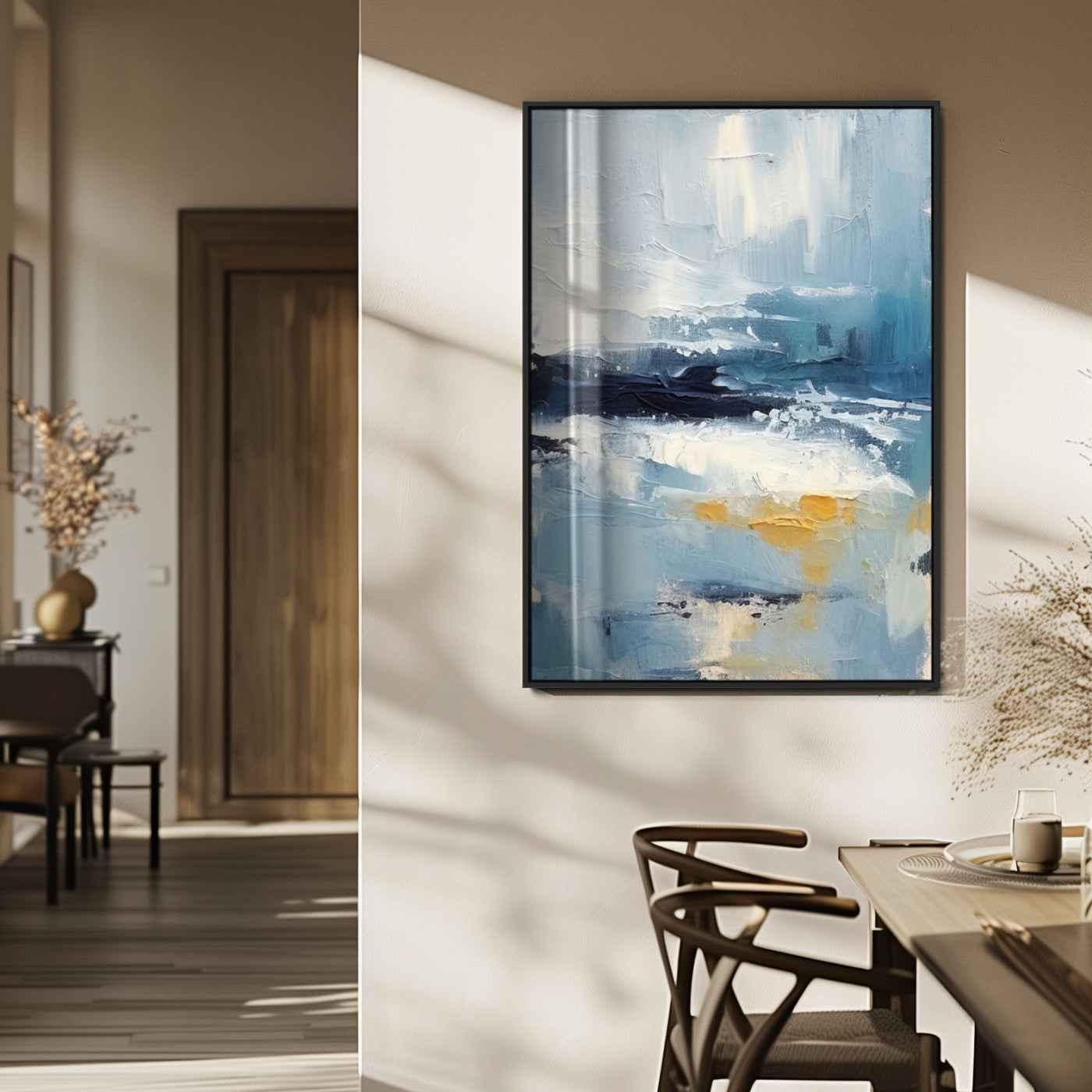 80358-MGV-FP-48X32-3P_Black-Abstract Seascape Wall Art Canvas Print, Framed Coastal Horizon Art Picture Print, Textured Ocean Perfect Minimal Coastal Decor