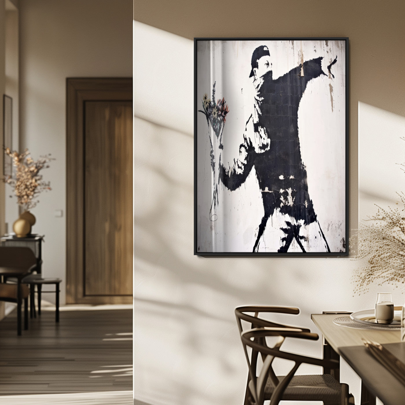 64032-MGV-FP-48X32-3P_Black-Flower Thrower Wall Art Canvas Print, Framed Urban Protest Art Picture Print, Graffiti Style Perfect Urban Contemporary Decor