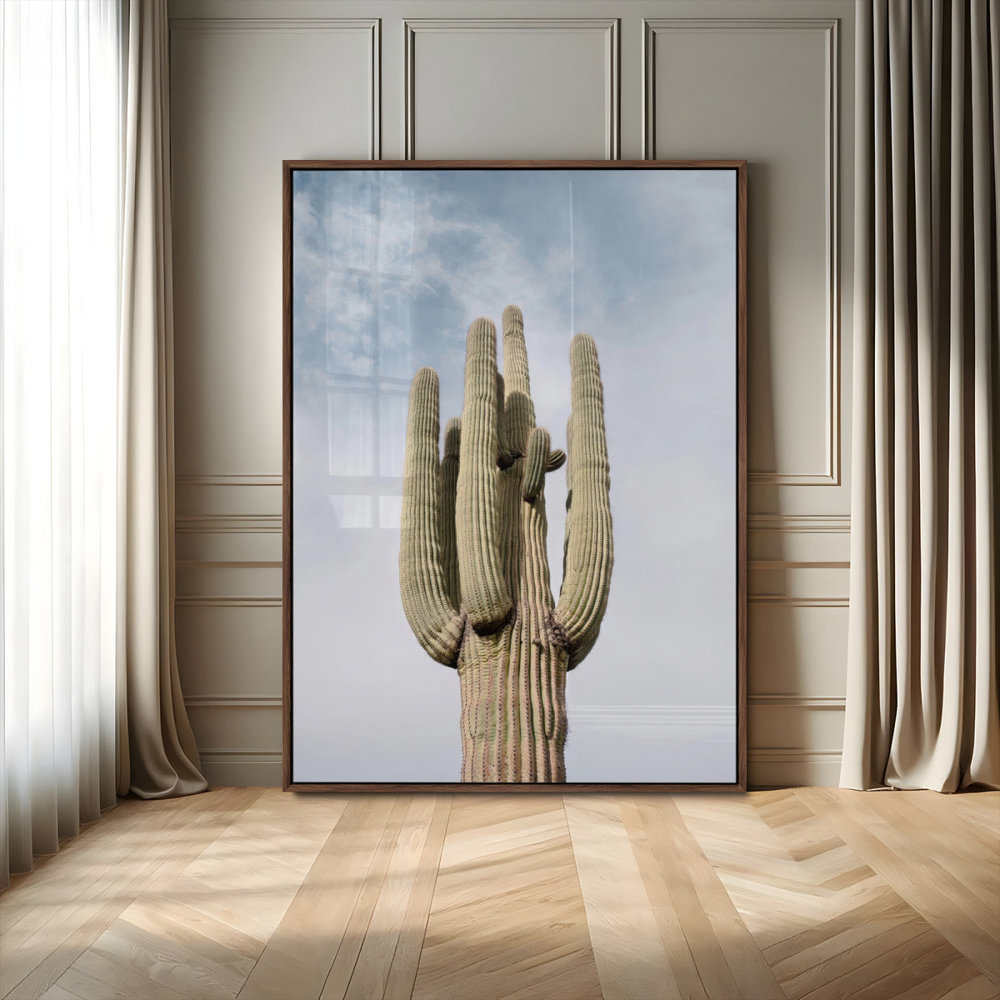44868276-MGV-FP-48X32-3P-Saguaro Cactus Wall Art Canvas Print, Framed Earthy Desert Art Picture Print, Warm Botanical Perfect Southwestern Boho Decor