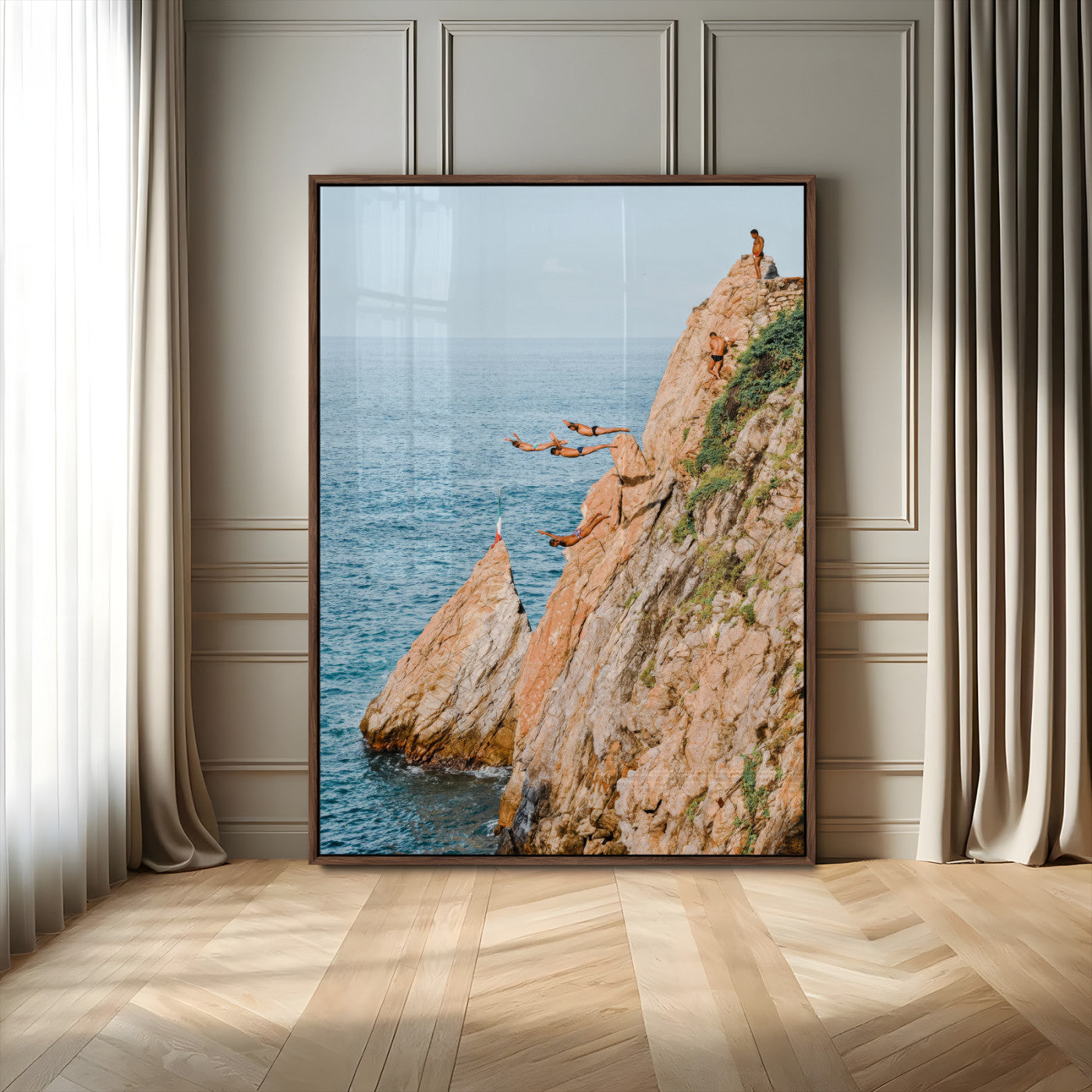74527880-MGV-CV-24X36-Cliff Divers Wall Art Canvas Print, Framed Ocean Adventure Art Picture Print, Coastal Movement Perfect Adventurous Coastal Decor