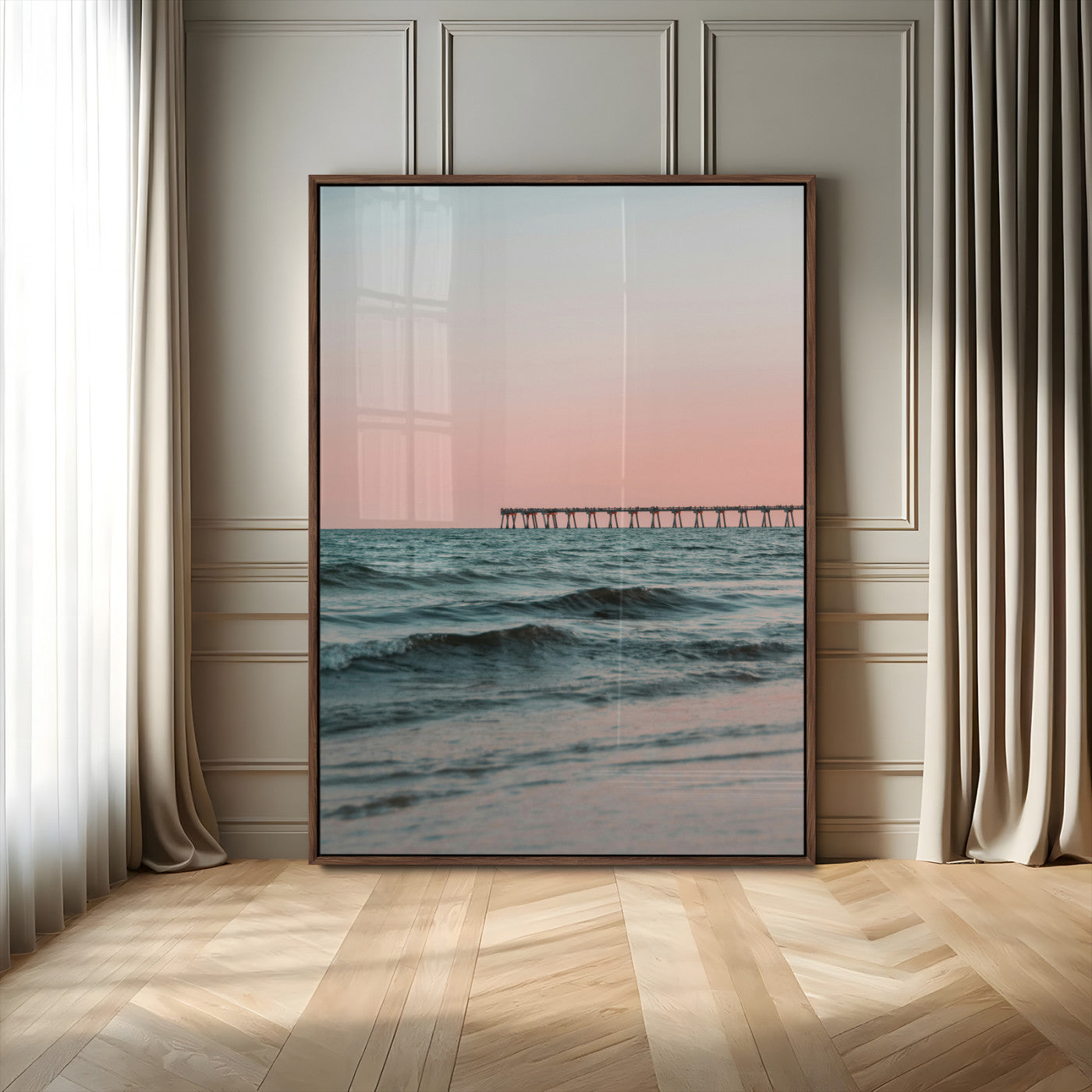 89450227-MGV-CV-24X36-Minimalist Seascape Wall Art Canvas Print, Framed Soft Pastel Sunset Art Picture Print, Tranquil Ocean Perfect Minimalist Coastal