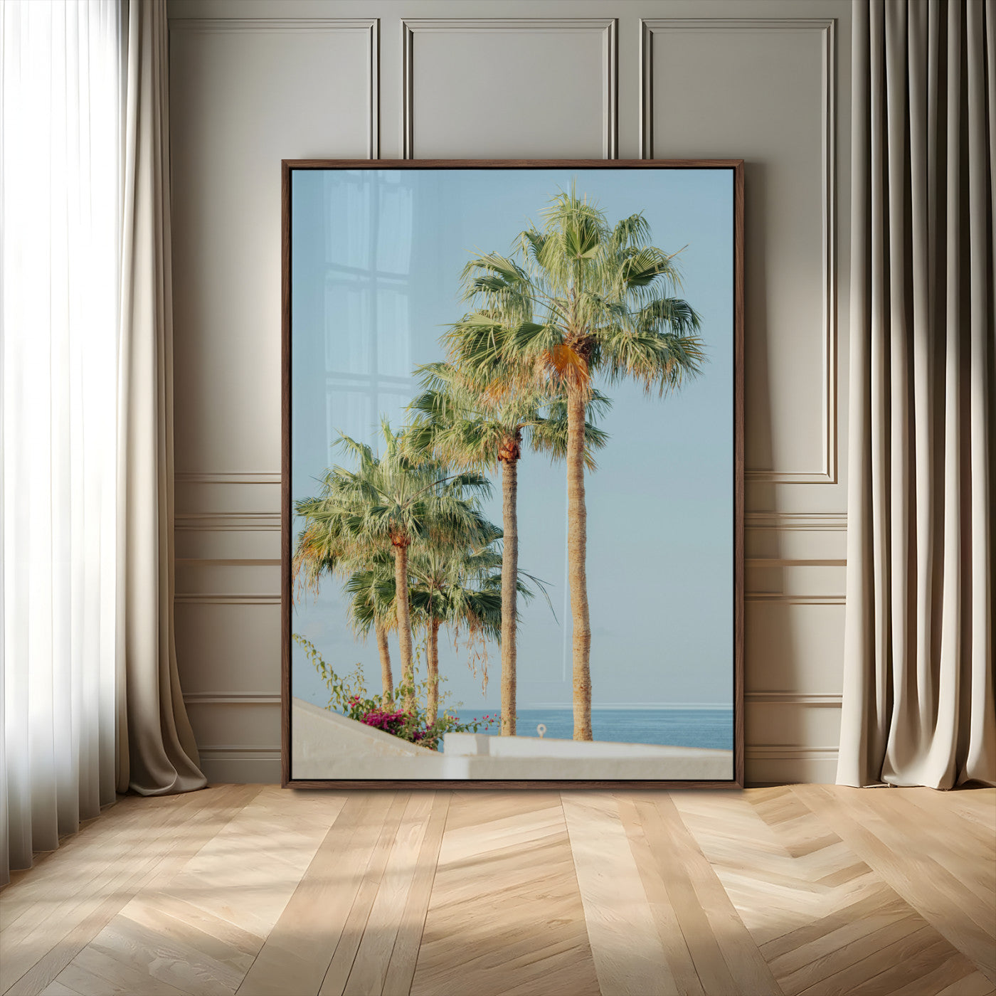 46777020-MGV-CV-24X36-Palm Tree Wall Art – Coastal Canvas Print with Tall Palms and Blue Sky, Minimal Tropical Photography, Relaxing Beach Decor for
