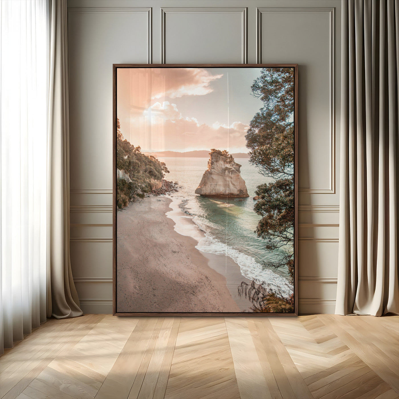 34220311-MGV-CV-24X36-Coastal Rock Wall Art – Sunset Beach Canvas Print with Ocean Waves and Golden Light, Scenic Seaside Photography for Bedroom,
