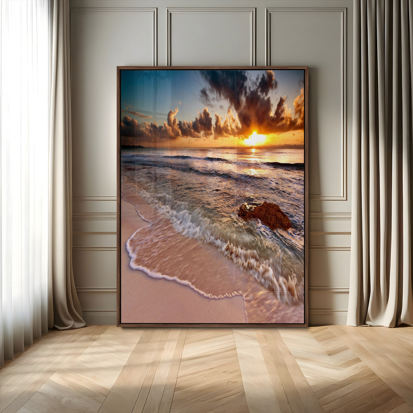 14930-MGV-CV-24X36-Beach Sunset Wall Art Canvas Print, Framed Ocean Horizon Art Picture Print, Tropical Shore Perfect Minimalist Coastal Decor