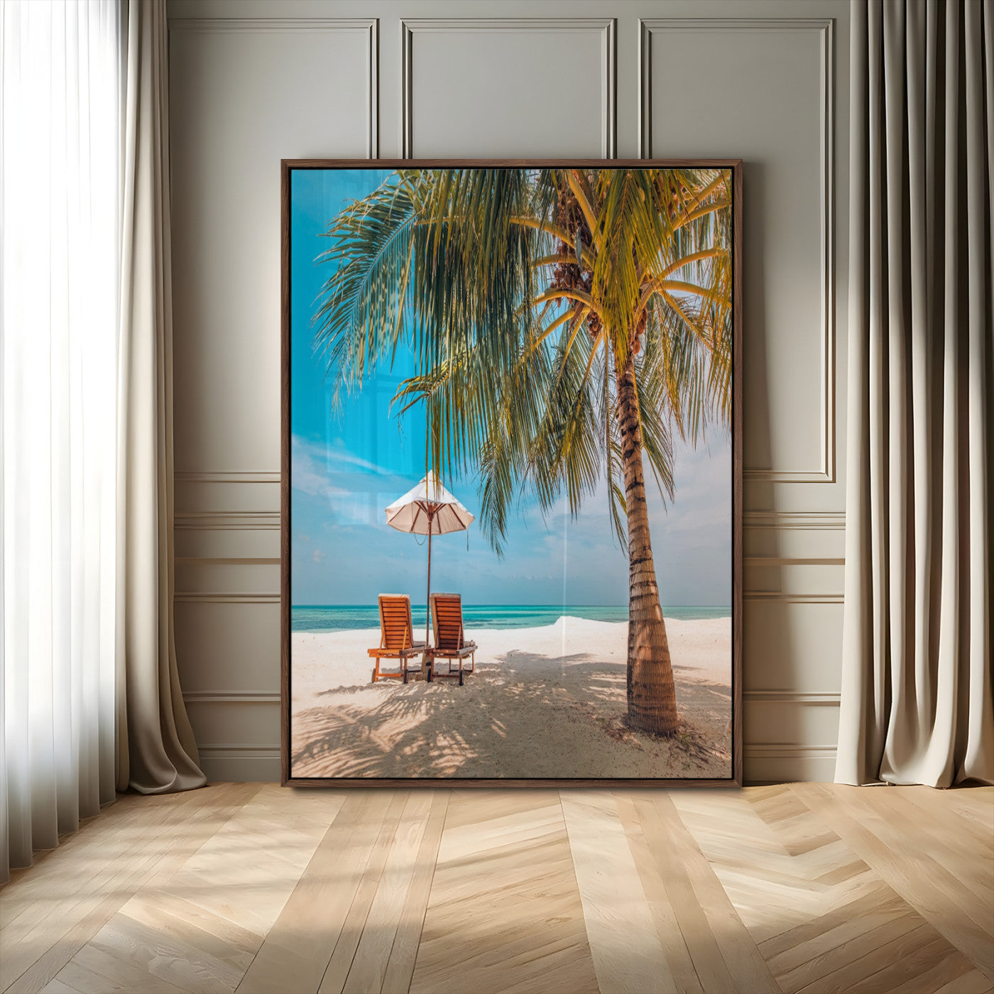 51024-MGV-CV-24X36-Tropical Beach Wall Art Canvas Print, Framed Palm Tree Art Picture Print, Sandy Shoreline Perfect Minimalist Coastal Decor Artwork