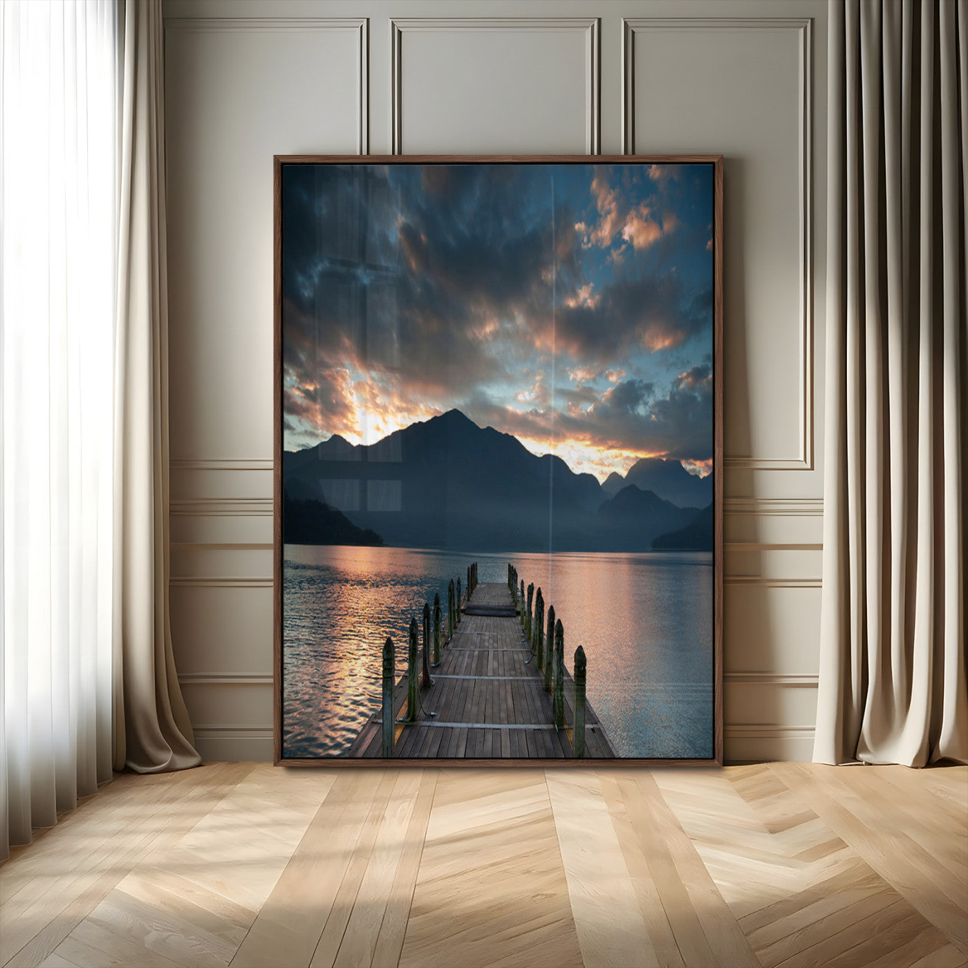 16043-MGV-CV-24X36-Mountain Lake Wall Art Canvas Print, Framed Sunset Reflection Art Picture Print, Calm Horizon Perfect Moody Nature Decor Artwork