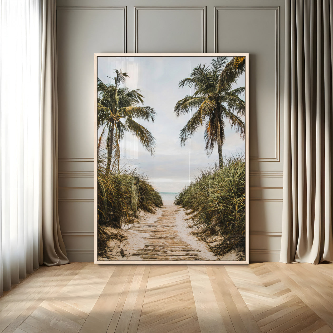 47319550-MGV-FP-48X32-3P-Tropical Beach Wall Art Canvas Print, Framed Rustic Sand Art Picture Print, Palm Tree Perfect Tropical Coastal Decor Artwork
