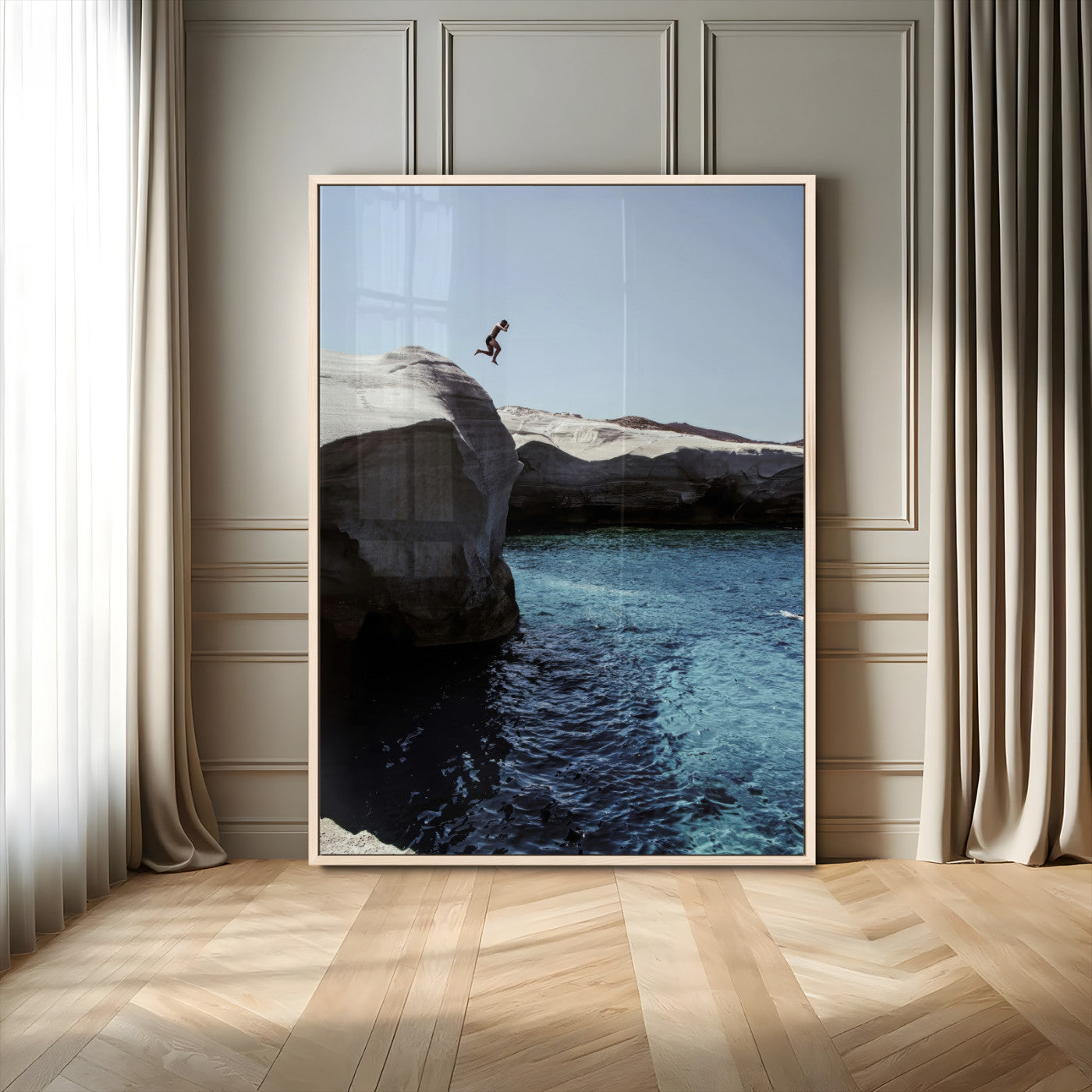 96853328-MGV-FP-48X32-3P-Cliff Diving Wall Art Canvas Print, Framed Turquoise Sea Art Picture Print, Ocean Adventure Perfect Coastal Minimalist Decor