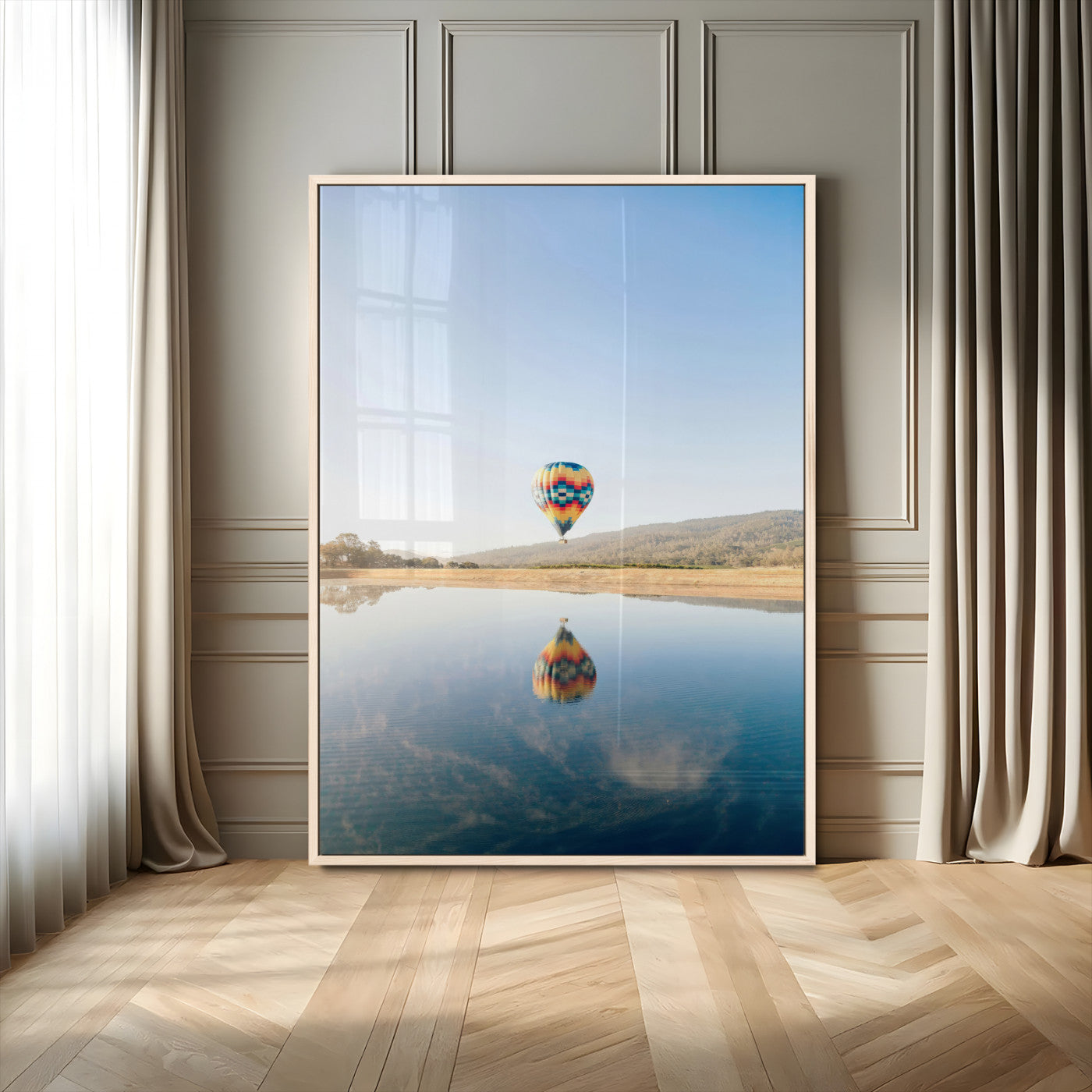 98091684-MGV-CV-24X36-Hot Air Balloon Wall Art Canvas Print, Framed Flight Reflection Art Picture Print, Peaceful Lakeside Perfect Modern Minimalist