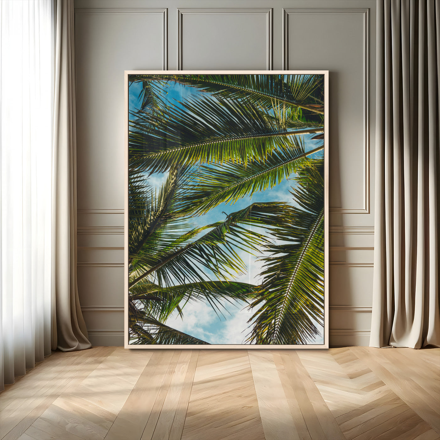 31086560-MGV-FP-48X32-3P-Palm Leaves Wall Art Canvas Print, Framed Tropical Vibes Art Picture Print, Green Foliage Perfect Tropical Boho Decor Artwork