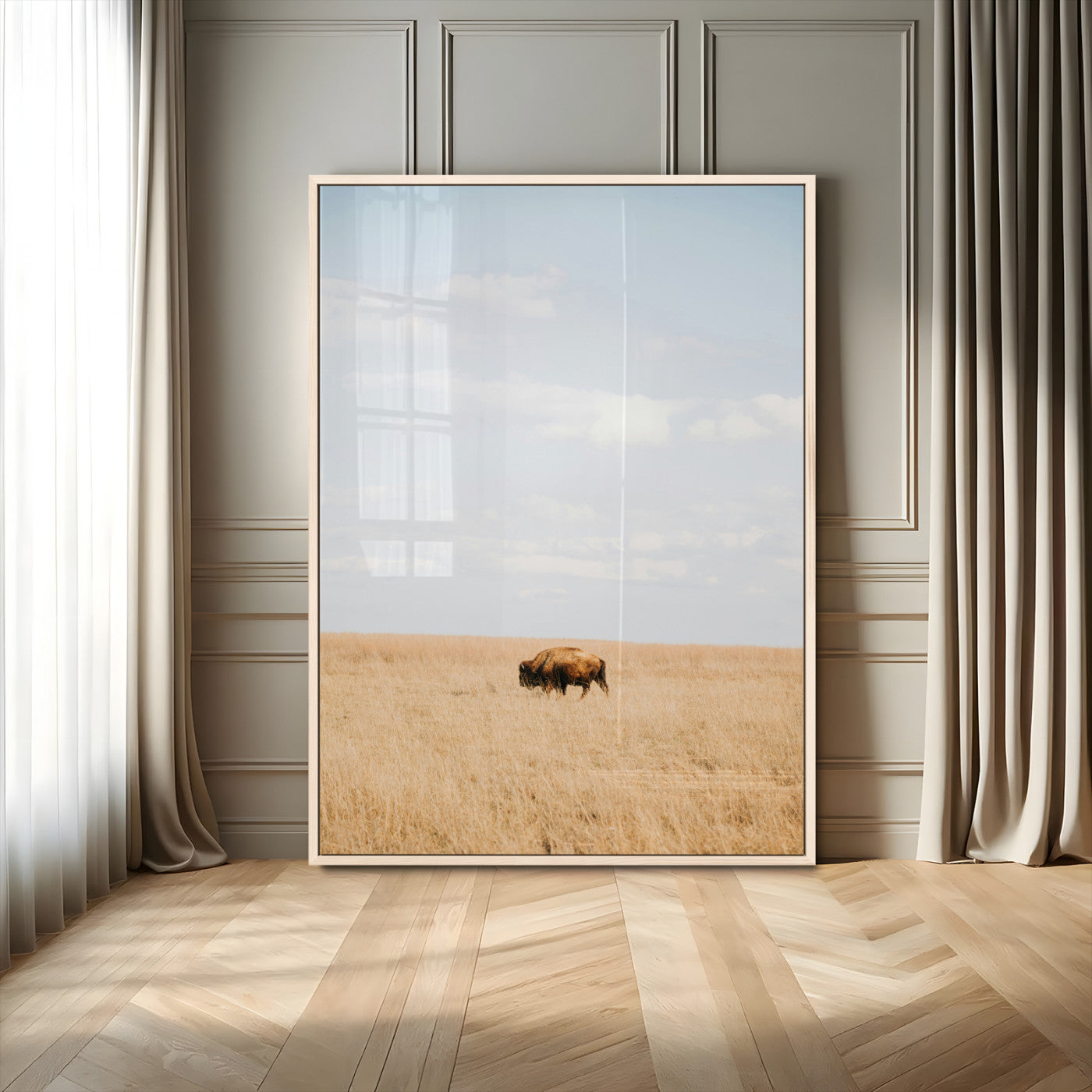 96766166-MGV-CV-24X36-Minimalist Nature Wall Art Canvas Print, Framed Bison In Grassland Art Picture Print, Open Field Perfect Modern Ranch Decor Decor