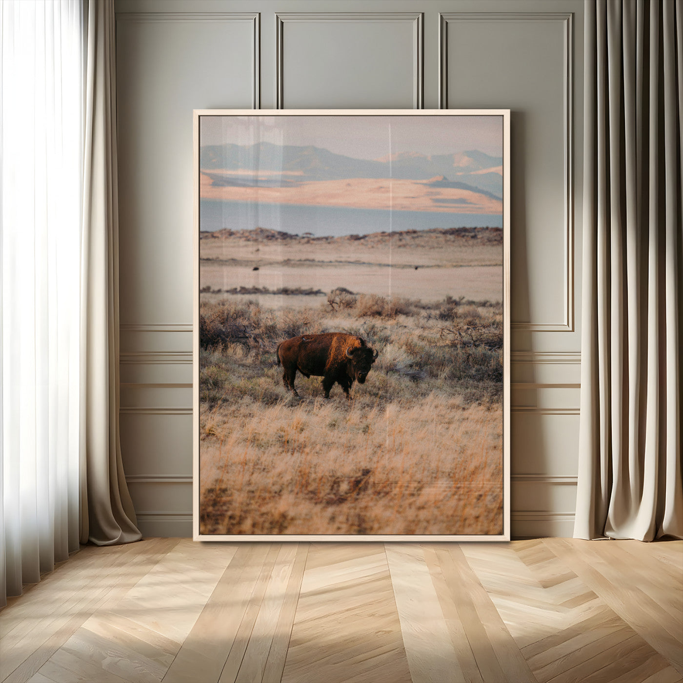 75146693-MGV-CV-24X36-Solitary Buffalo Wall Art Canvas Print, Framed Golden Prairie Art Picture Print, Earthy Tones Perfect Rustic Western Decor Artwork