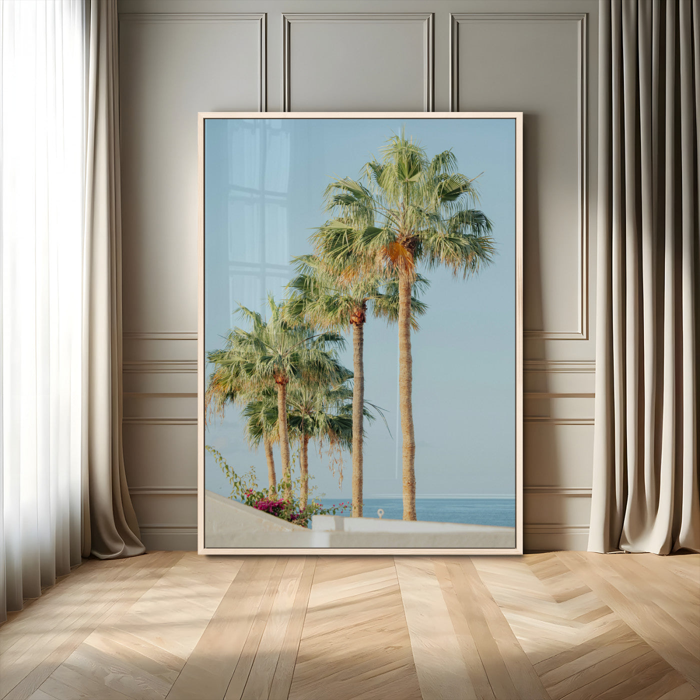 46777020-MGV-CV-24X36-Palm Tree Wall Art – Coastal Canvas Print with Tall Palms and Blue Sky, Minimal Tropical Photography, Relaxing Beach Decor for
