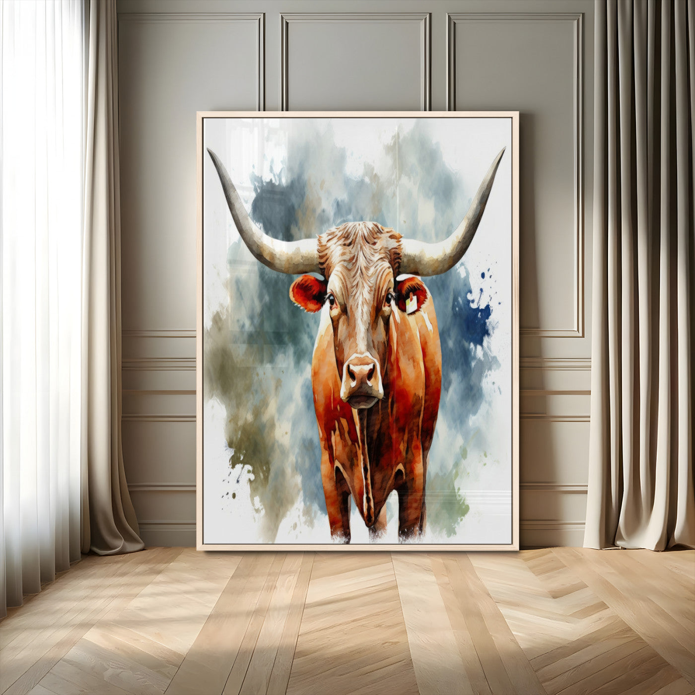 39803-MGV-CV-24X36-Texas Longhorn Wall Art Canvas Print, Framed Rustic Cattle Art Picture Print, Western Bull Perfect Rustic Western Decor Artwork