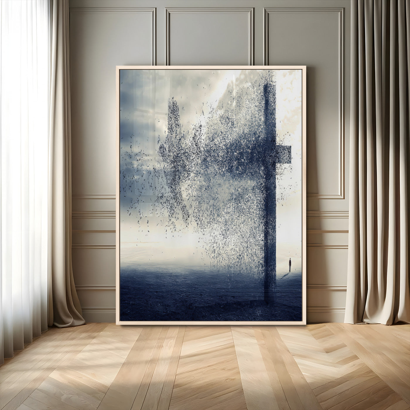 98984-MGV-CV-24X36-Disintegrating Cross Wall Art Canvas Print, Framed Abstract Symbol Art Picture Print, Conceptual Horizon Perfect Spiritual