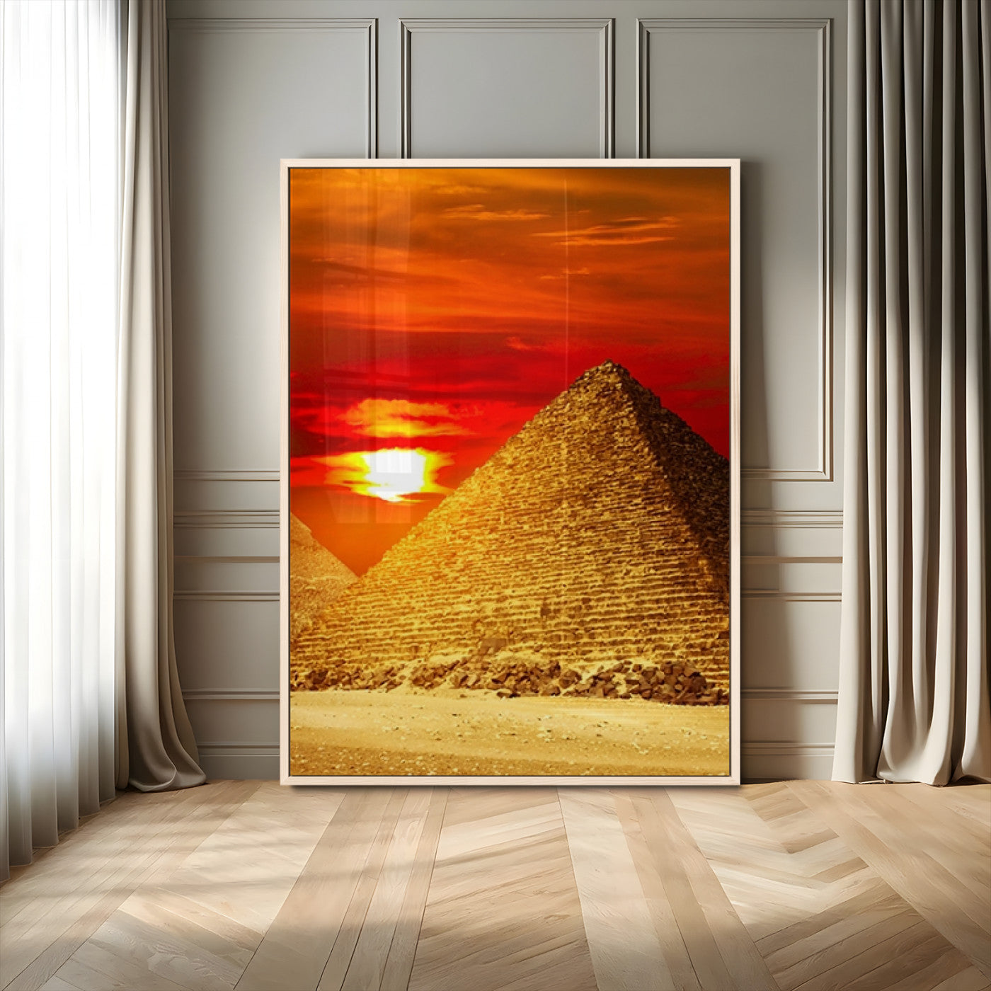 13047-MGV-CV-24X36-Pyramids Giza Wall Art – Golden Sunset Egypt Canvas Print, Ancient World Landmark Photography Decor for Living Room, Office, Study