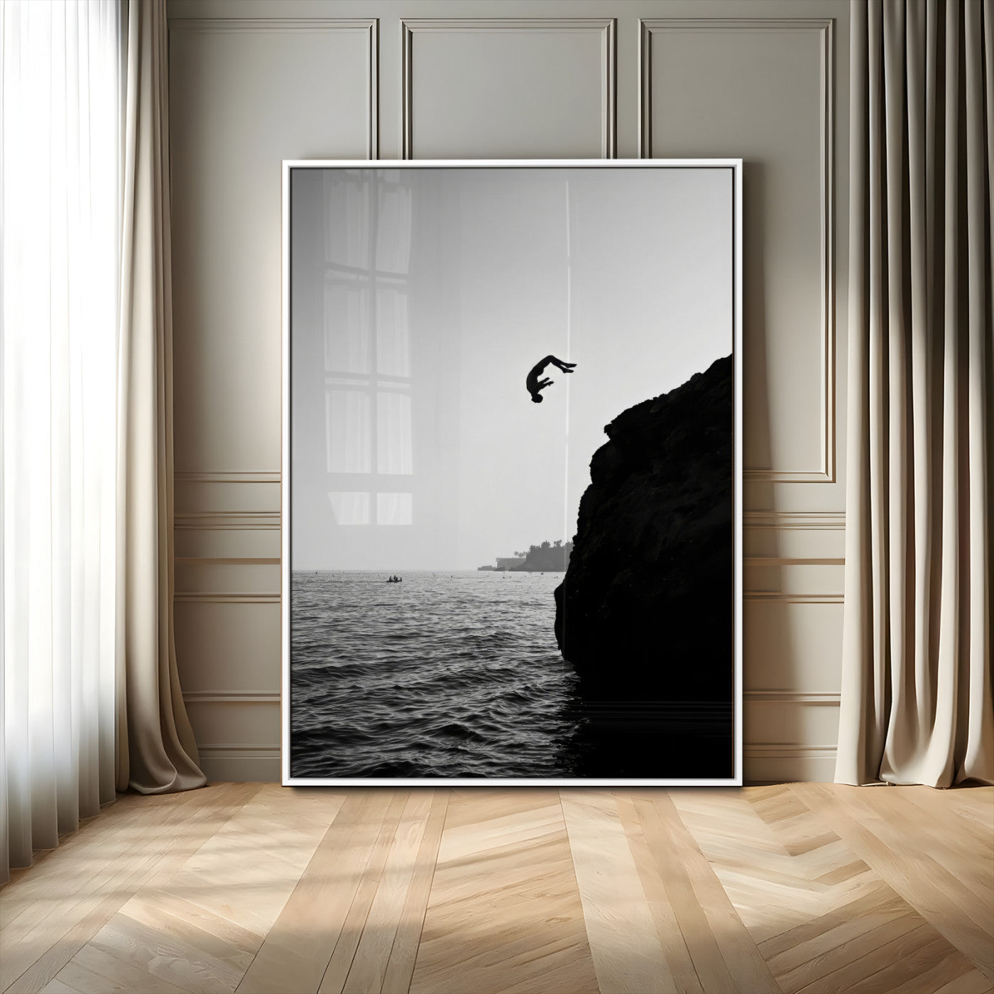 99497106-MGV-FP-48X32-3P-Cliff Jumping Wall Art Canvas Print, Framed Black White Ocean Art Picture Print, Monochrome Cliff Perfect Minimalist Adventure