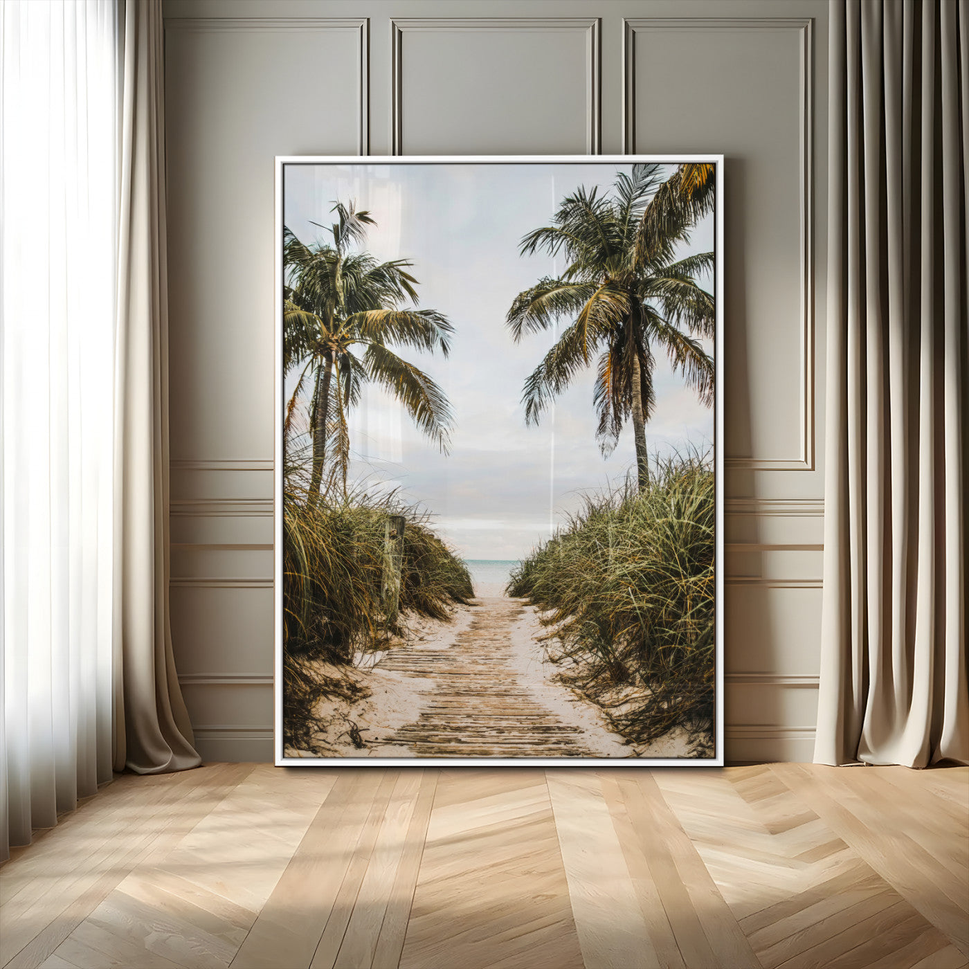 47319550-MGV-CV-24X36-Tropical Beach Wall Art Canvas Print, Framed Rustic Sand Art Picture Print, Palm Tree Perfect Tropical Coastal Decor Artwork