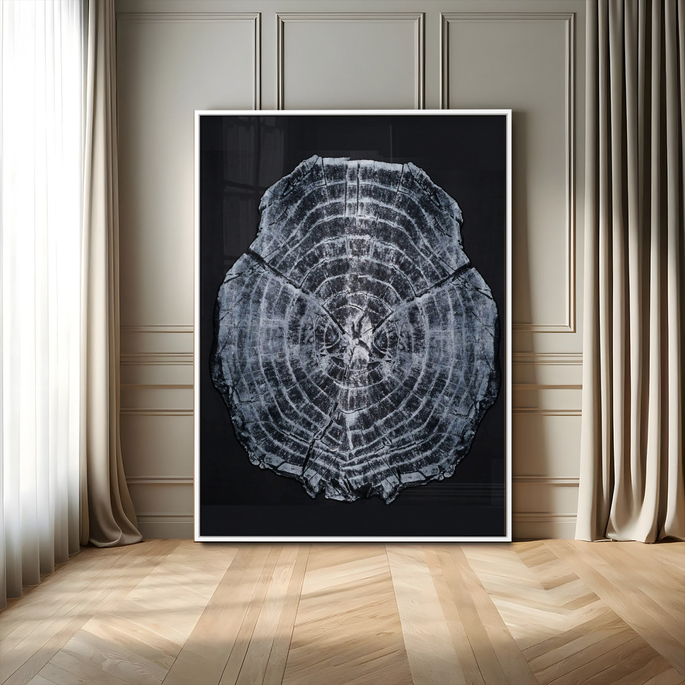 67859667-MGV-FP-48X32-3P_White-Tree Ring Wall Art Wall Art Canvas Print, Framed Wood Slice Canvas Art Picture Print, Monochrome Nature Decor Perfect Modern