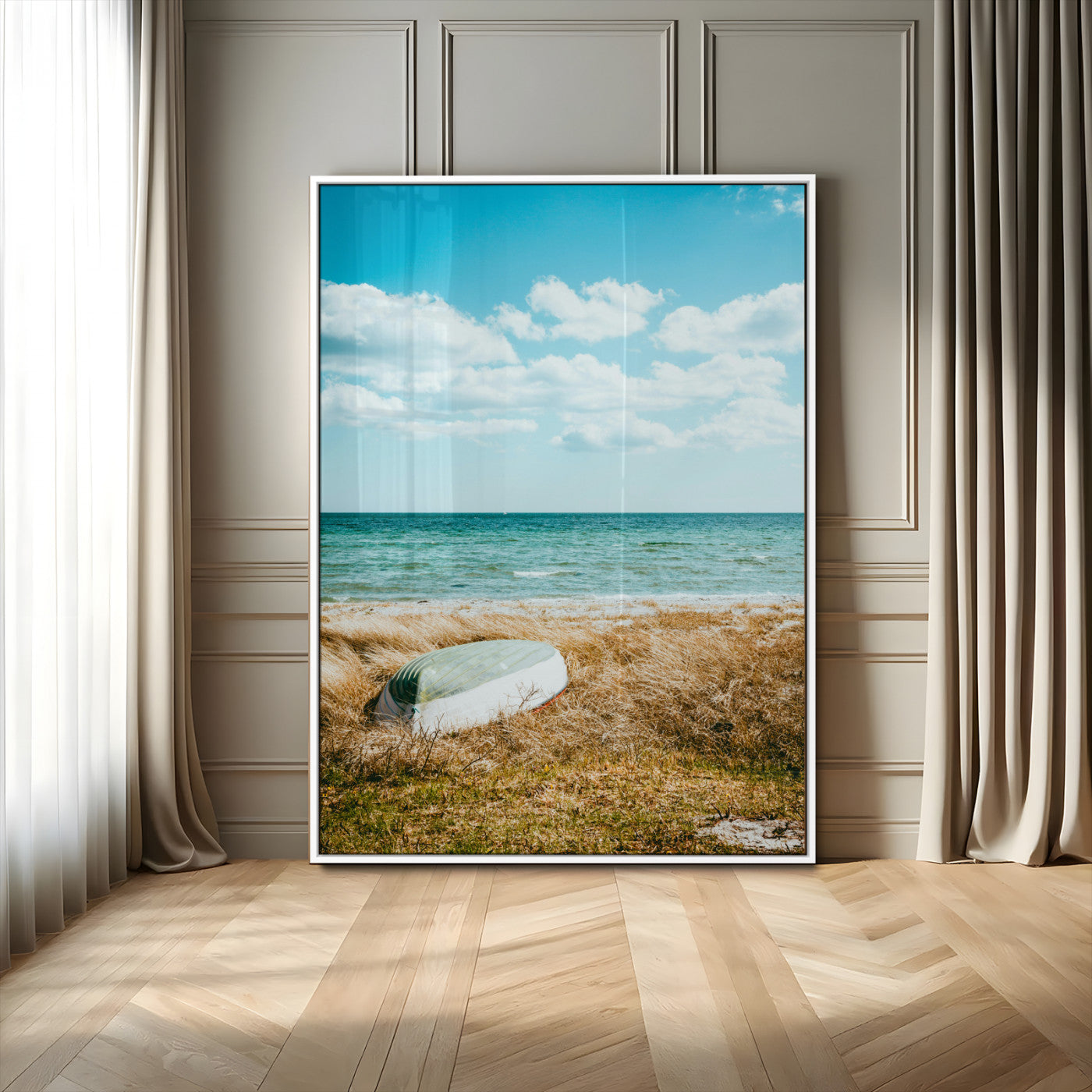 21725303-MGV-FP-48X32-3P-Coastal Serenity Wall Art Canvas Print, Framed Ocean View Art Picture Print, Rustic Boat Perfect Nautical Coastal Decor Artwork
