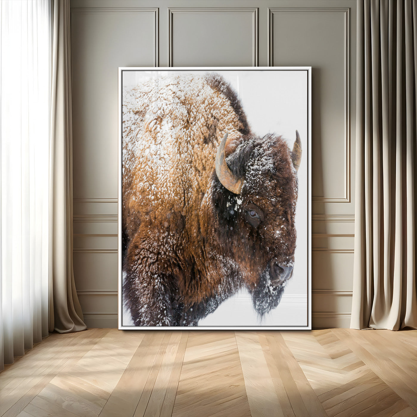 27690436-MGV-CV-24X36-Snowy Buffalo Wall Art Canvas Print, Framed Wildlife Photography Art Picture Print, Rustic Lodge Perfect Rustic Lodge Decor Decor