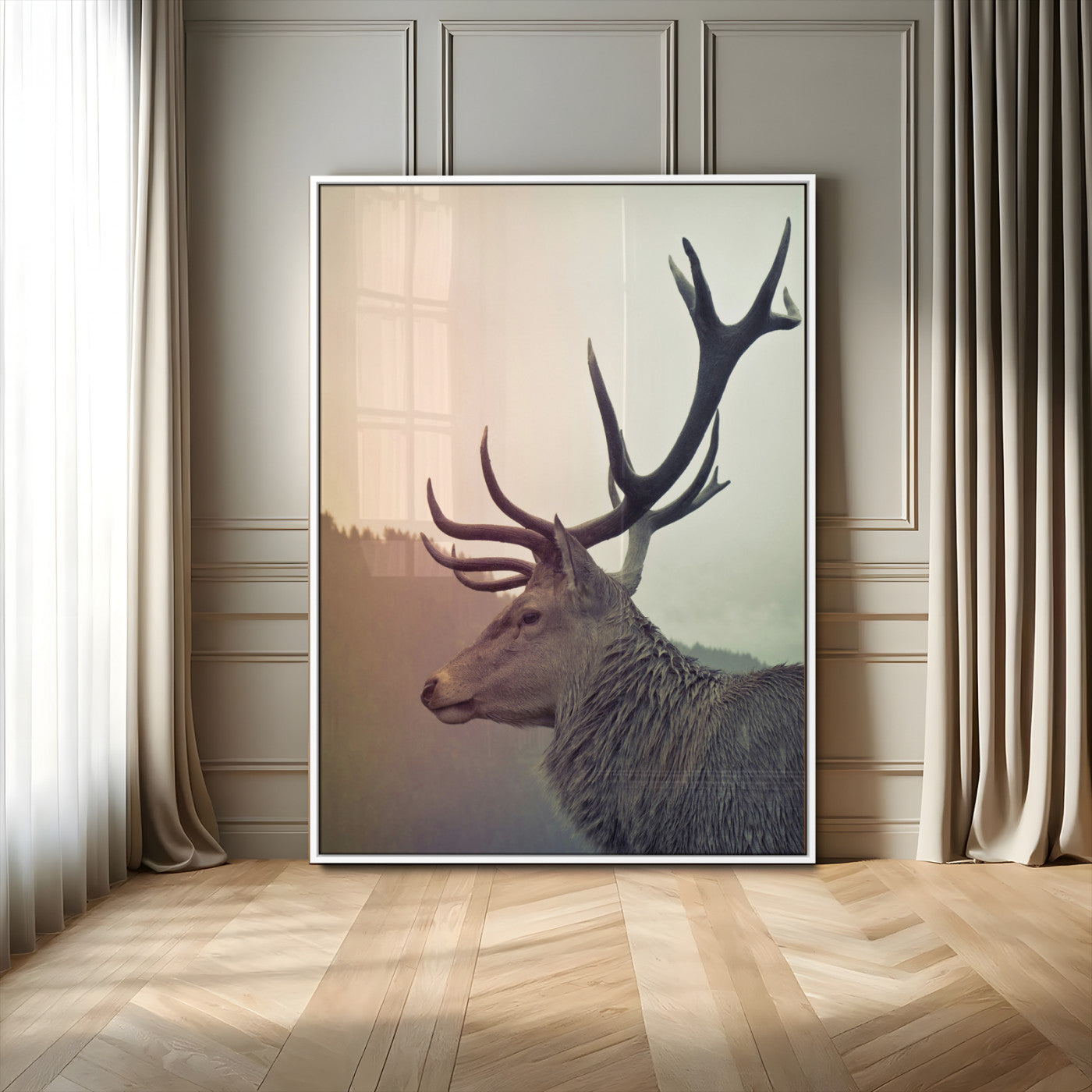 22632976-MGV-FP-48X32-3P_White-Deer Canvas Print Wall Art Canvas Print, Framed Woodland Animal Decor Art Picture Print, Rustic Lodge Wall Art Perfect Rustic