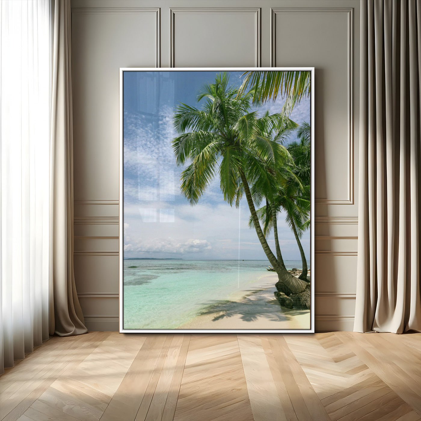 80489589-MGV-CV-24X36-Tropical Beach Palm Trees Canvas Print – Island Coastal Wall Art, Bright Ocean Horizon Photography for Bathroom, Lounge & Vacation