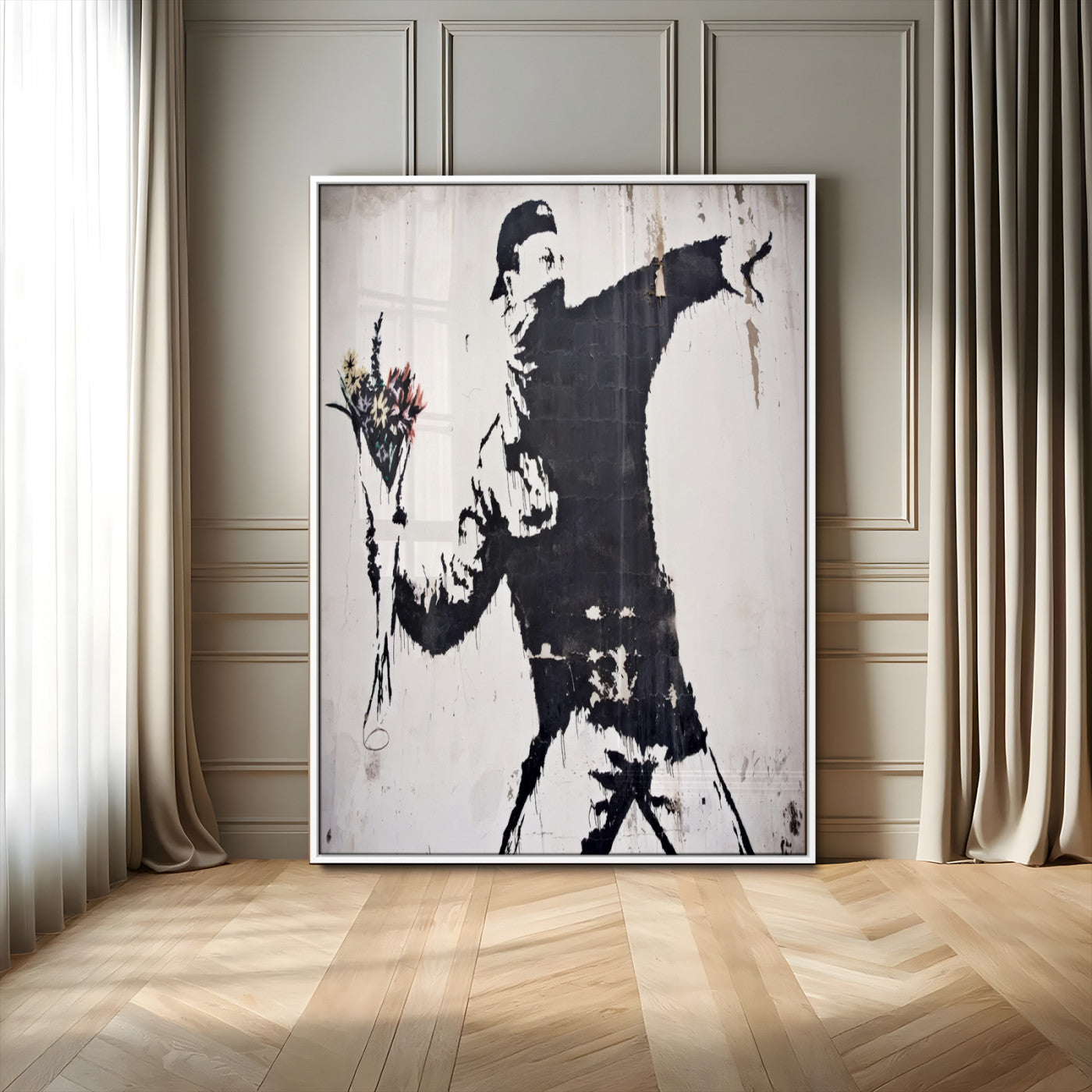 64032-MGV-CV-24X36-Flower Thrower Wall Art Canvas Print, Framed Urban Protest Art Picture Print, Graffiti Style Perfect Urban Contemporary Decor