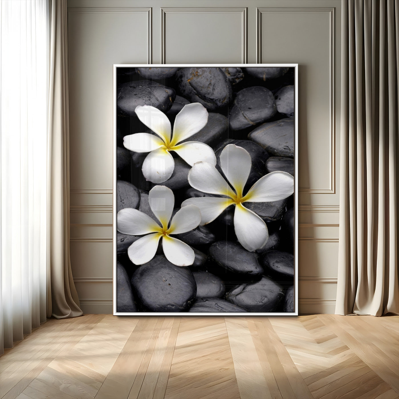 45657-MGV-CV-24X36-Large Wall Art White Flowers on Black Zen Meditation Stones Vertical Canvas Print