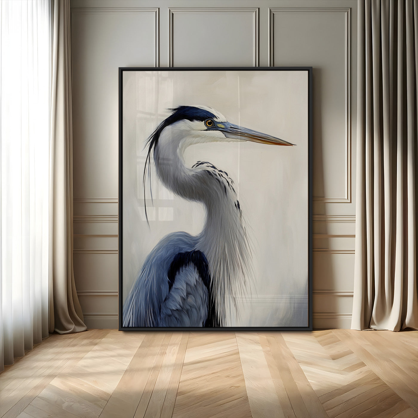79581184-MGV-FP-48X32-3P-Blue Heron Wall Art Canvas Print, Framed Elegant Wildlife Art Picture Print, Minimalist Bird Theme Perfect Coastal Minimalist