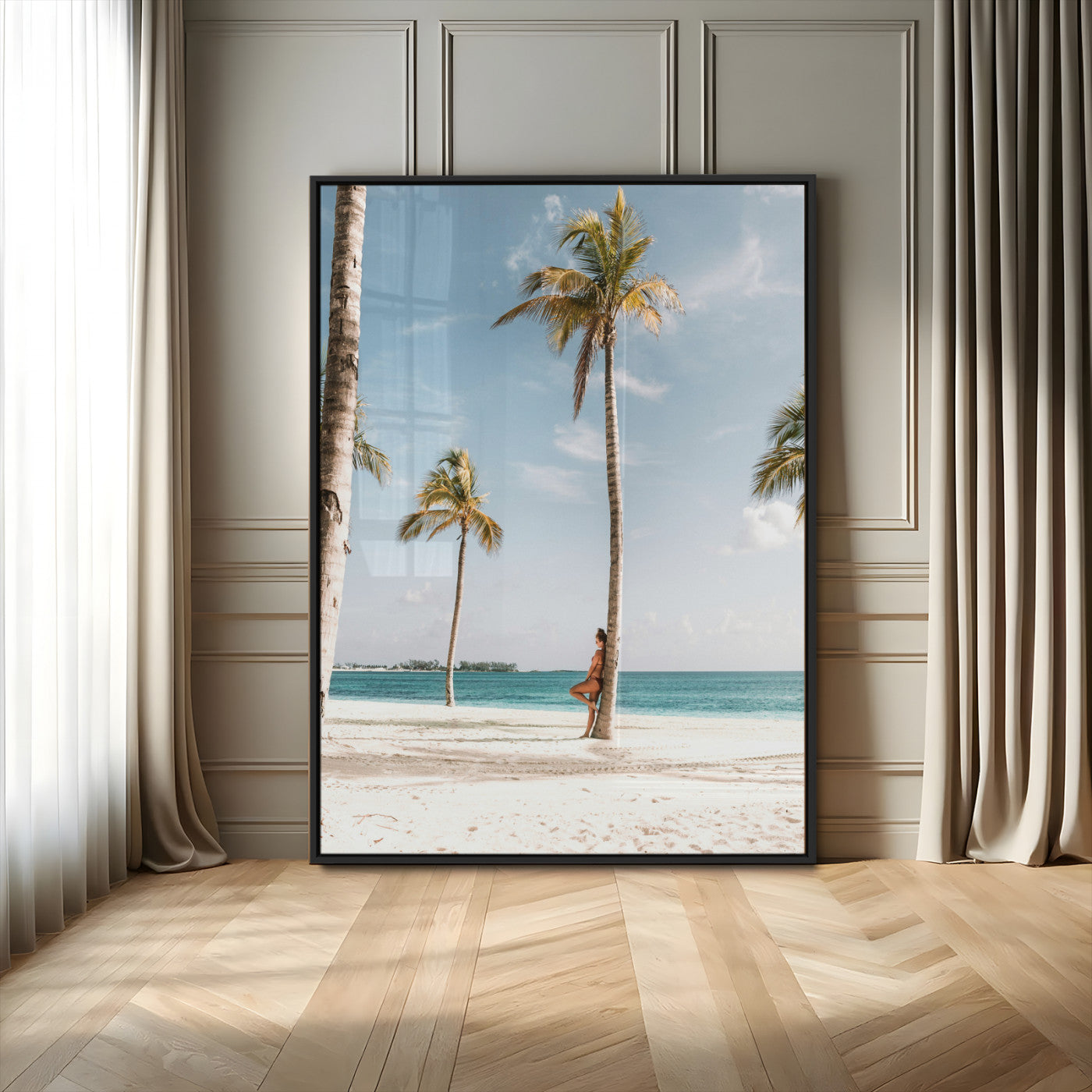 27750035-MGV-FP-48X32-3P-Tropical Beach Scene Wall Art Canvas Print, Framed Palm Tree Photography Art Picture Print, Island Paradise Decor Perfect Coastal