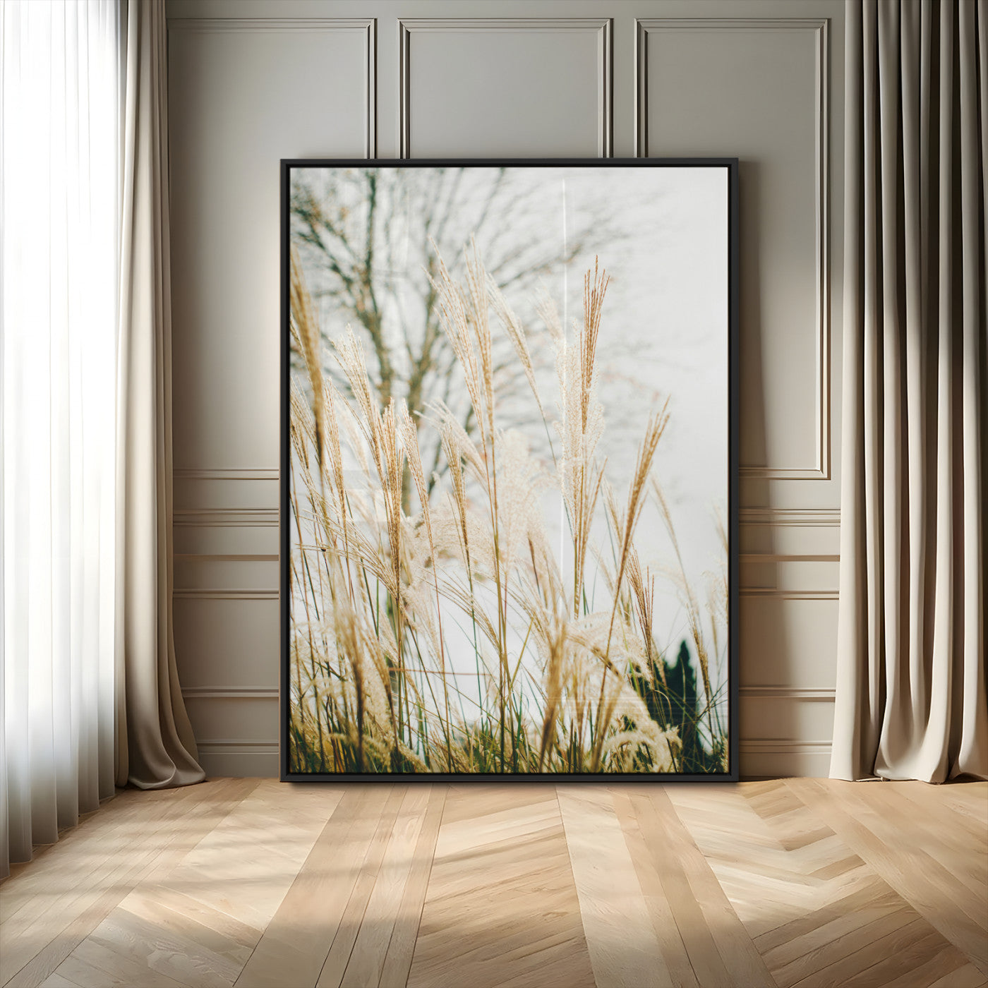 17571705-MGV-FP-48X32-3P-Pampas Grass Wall Art Canvas Print, Framed Neutral Tones Art Picture Print, Minimalist Nature Perfect Boho Minimalist Decor