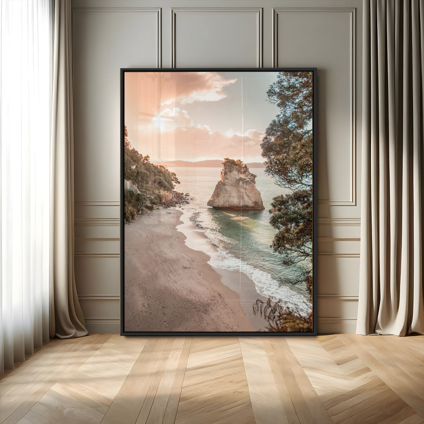 34220311-MGV-CV-24X36-Coastal Rock Wall Art – Sunset Beach Canvas Print with Ocean Waves and Golden Light, Scenic Seaside Photography for Bedroom,