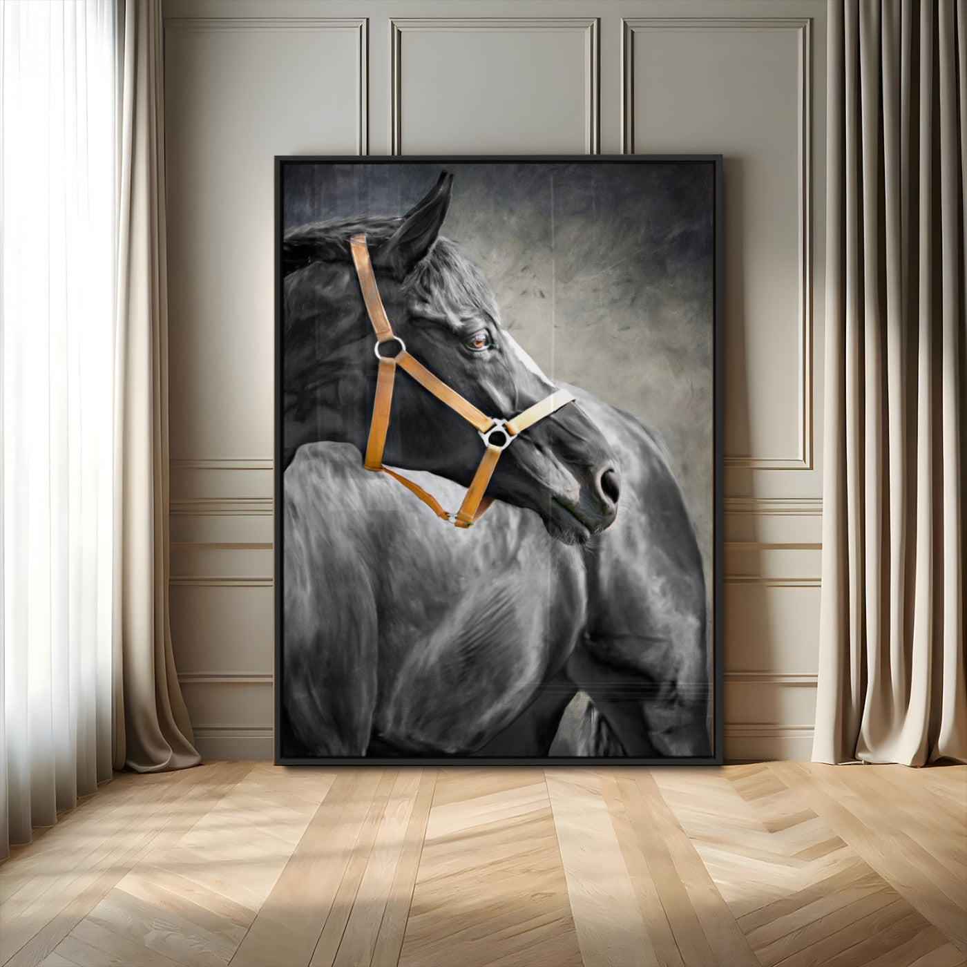 40324916-MGV-CV-24X36-Horse Wall Art – Equestrian Canvas Print, Elegant Black Stallion Portrait with Golden Halter, Rustic Western Photography Decor for