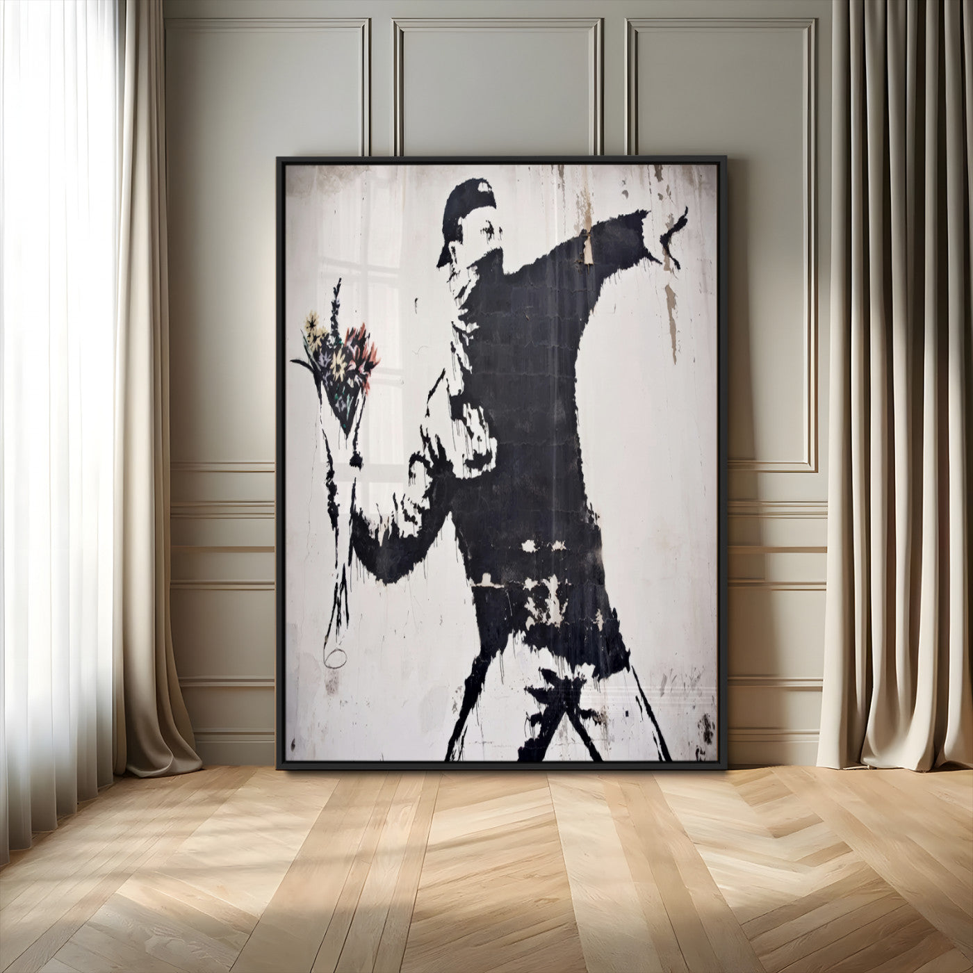 64032-MGV-CV-24X36-Flower Thrower Wall Art Canvas Print, Framed Urban Protest Art Picture Print, Graffiti Style Perfect Urban Contemporary Decor