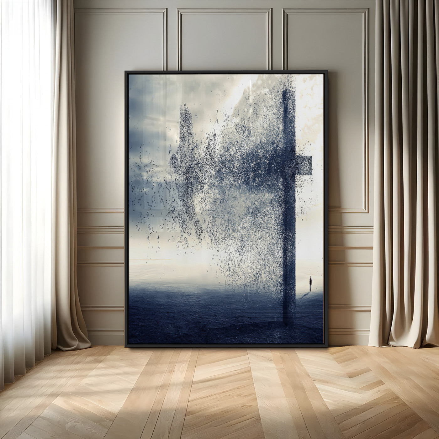 98984-MGV-CV-24X36-Disintegrating Cross Wall Art Canvas Print, Framed Abstract Symbol Art Picture Print, Conceptual Horizon Perfect Spiritual