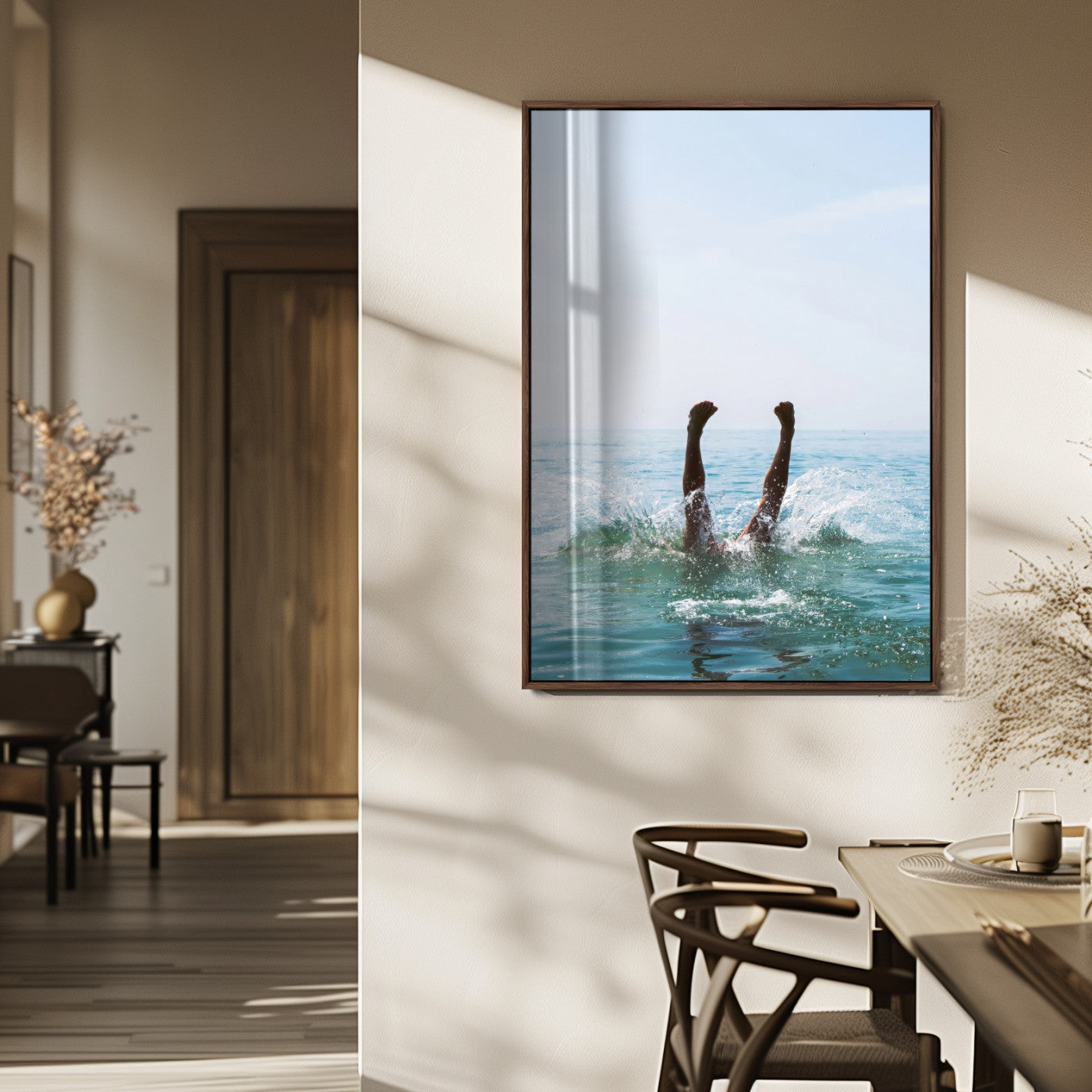 14351555-MGV-FP-48X32-3P_Walnut-Ocean Splash Wall Art Canvas Print, Framed Playful Beach Art Picture Print, Coastal Summer Perfect Coastal Contemporary Decor