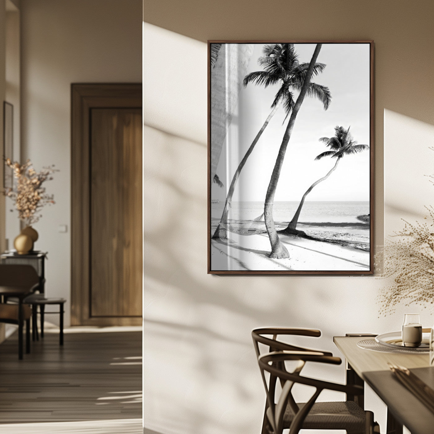 50406026-MGV-FP-48X32-3P_Walnut-Black White Palms Wall Art Canvas Print, Framed Tropical Beach Art Picture Print, Minimalist Coastal Perfect Coastal Minimalist