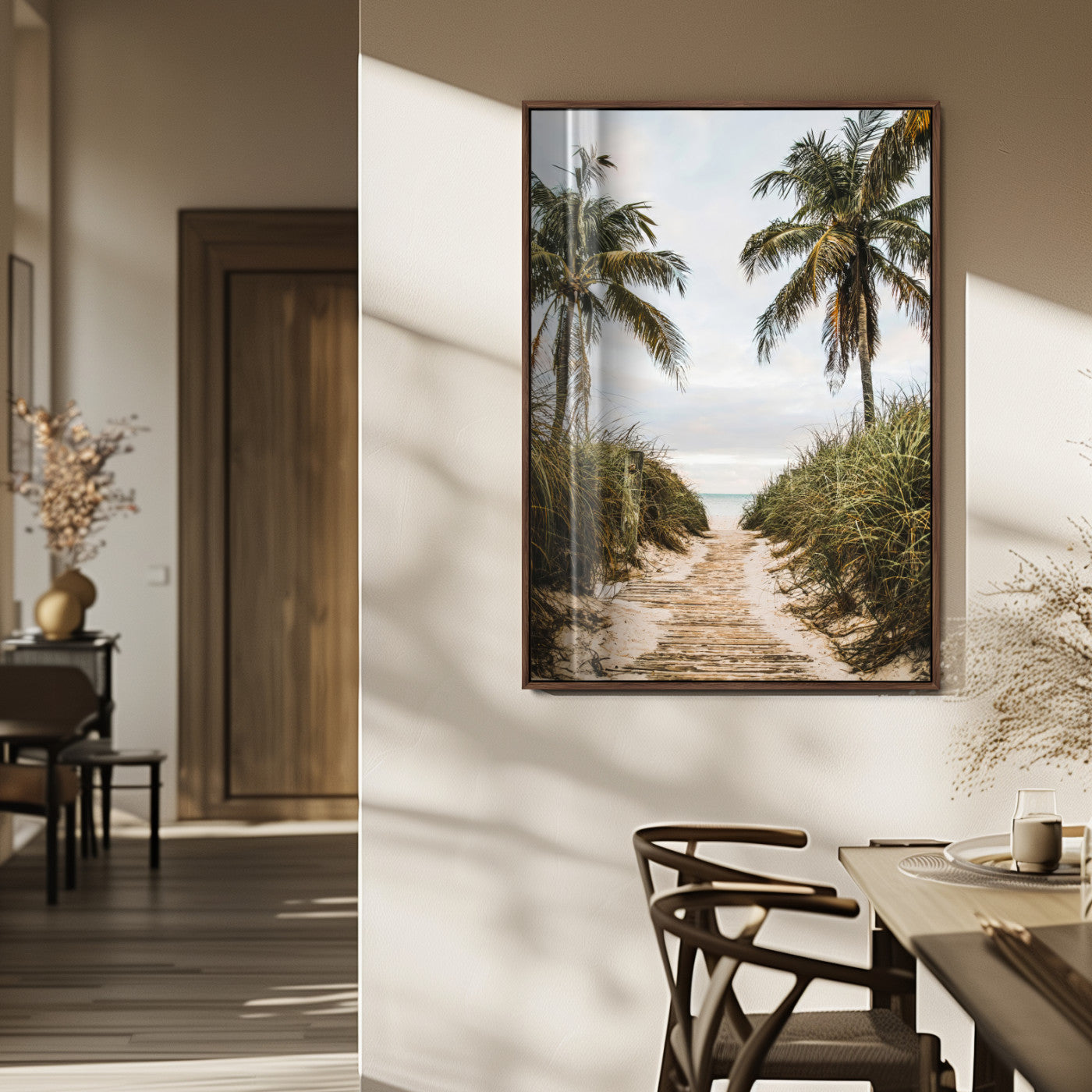 47319550-MGV-FP-48X32-3P_Walnut-Tropical Beach Wall Art Canvas Print, Framed Rustic Sand Art Picture Print, Palm Tree Perfect Tropical Coastal Decor Artwork