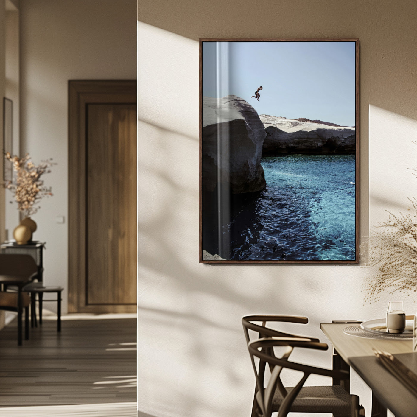 96853328-MGV-FP-48X32-3P_Walnut-Cliff Diving Wall Art Canvas Print, Framed Turquoise Sea Art Picture Print, Ocean Adventure Perfect Coastal Minimalist Decor