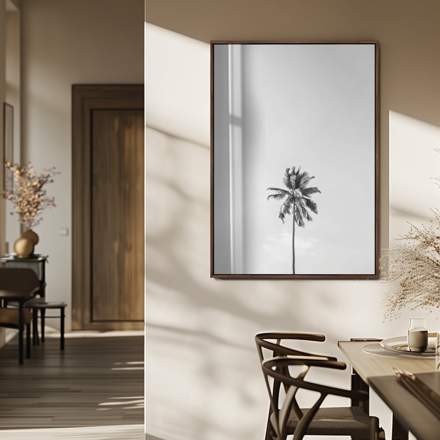 67263674-MGV-CV-24X36-Lone Palm Tree Wall Art Canvas Print, Framed Minimalist Tropical Art Picture Print, Monochrome Beach Perfect Modern Coastal