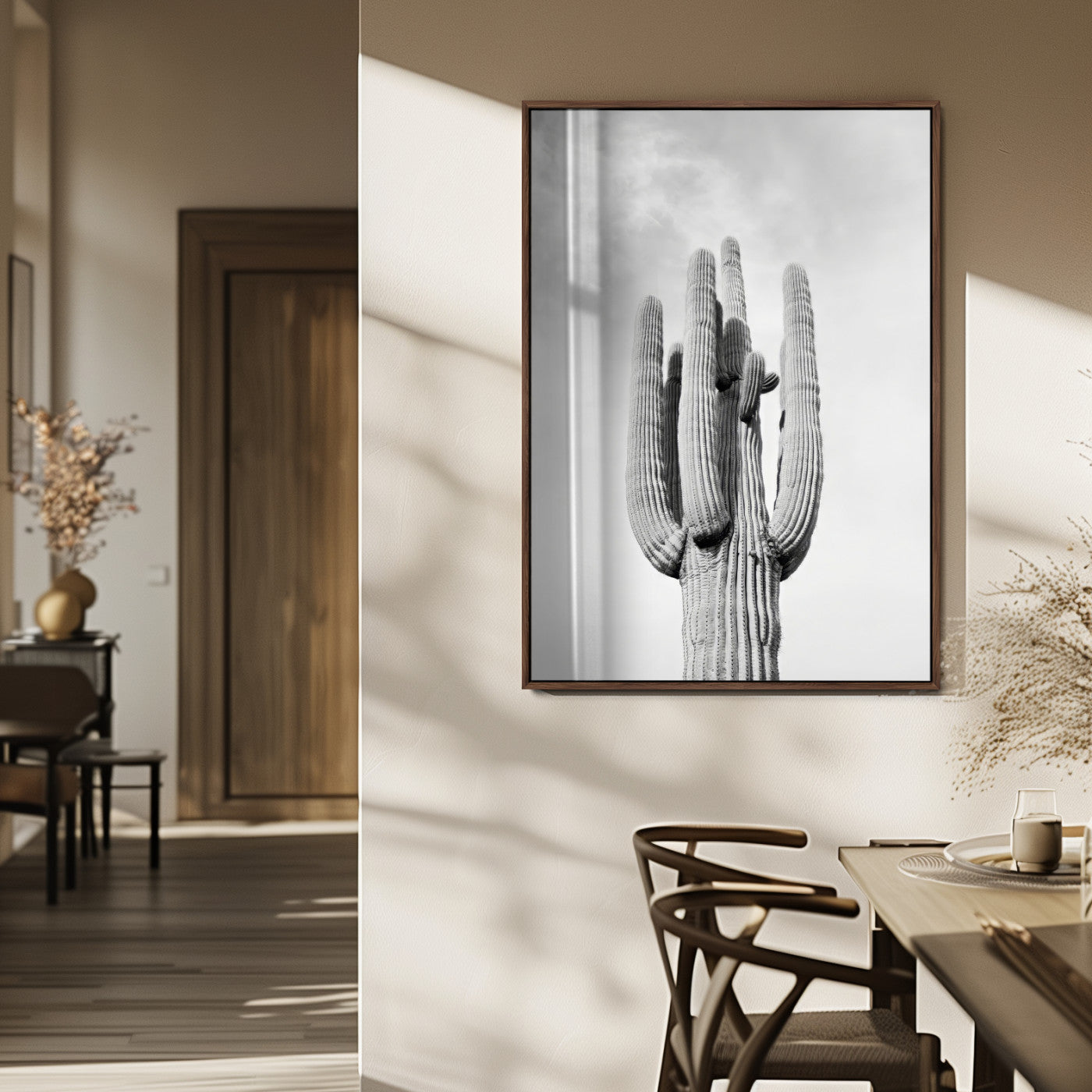 17148959-MGV-FP-48X32-3P_Walnut-Saguaro Cactus Wall Art Canvas Print, Framed Monochrome Desert Art Picture Print, Black White Cactus Perfect Southwestern