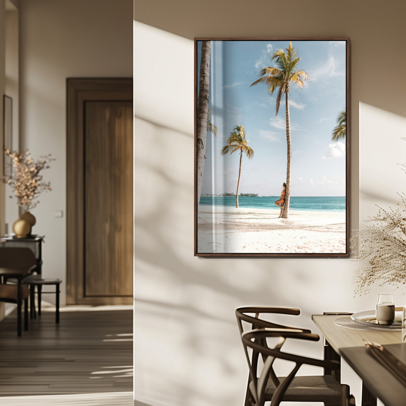 27750035-MGV-FP-48X32-3P_Walnut-Tropical Beach Scene Wall Art Canvas Print, Framed Palm Tree Photography Art Picture Print, Island Paradise Decor Perfect Coastal