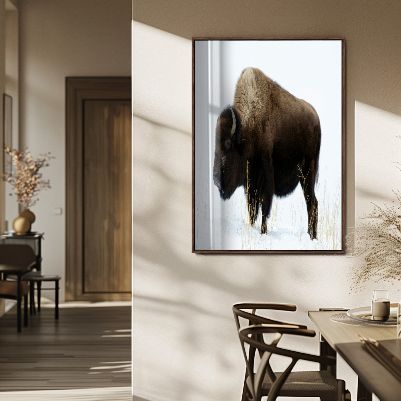 76778120-MGV-FP-48X32-3P_Walnut-Bison Photography Wall Art Canvas Print, Framed Western Wildlife Art Picture Print, Buffalo On Snow Perfect Western Rustic Decor