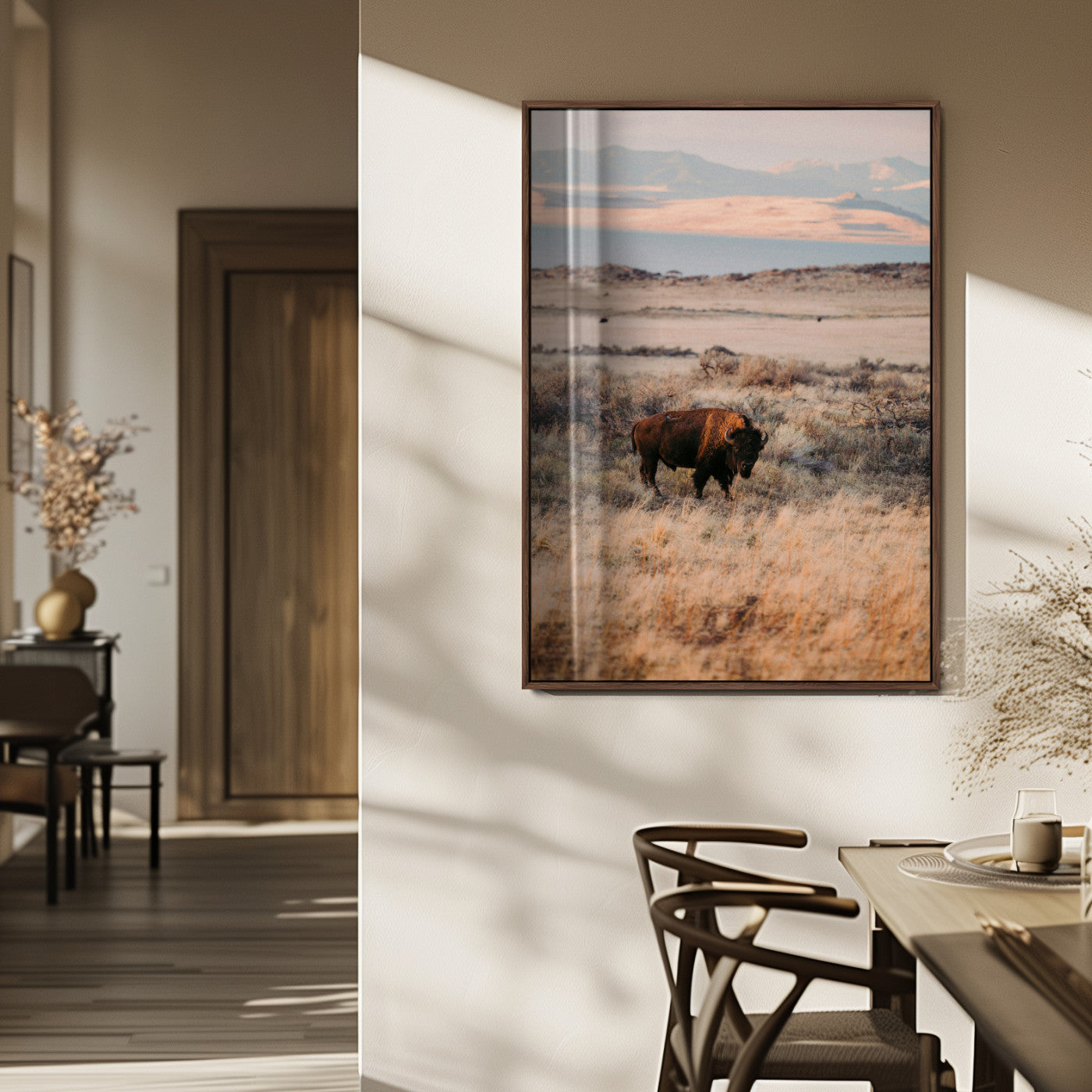 75146693-MGV-FP-48X32-3P_Walnut-Solitary Buffalo Wall Art Canvas Print, Framed Golden Prairie Art Picture Print, Earthy Tones Perfect Rustic Western Decor Artwork