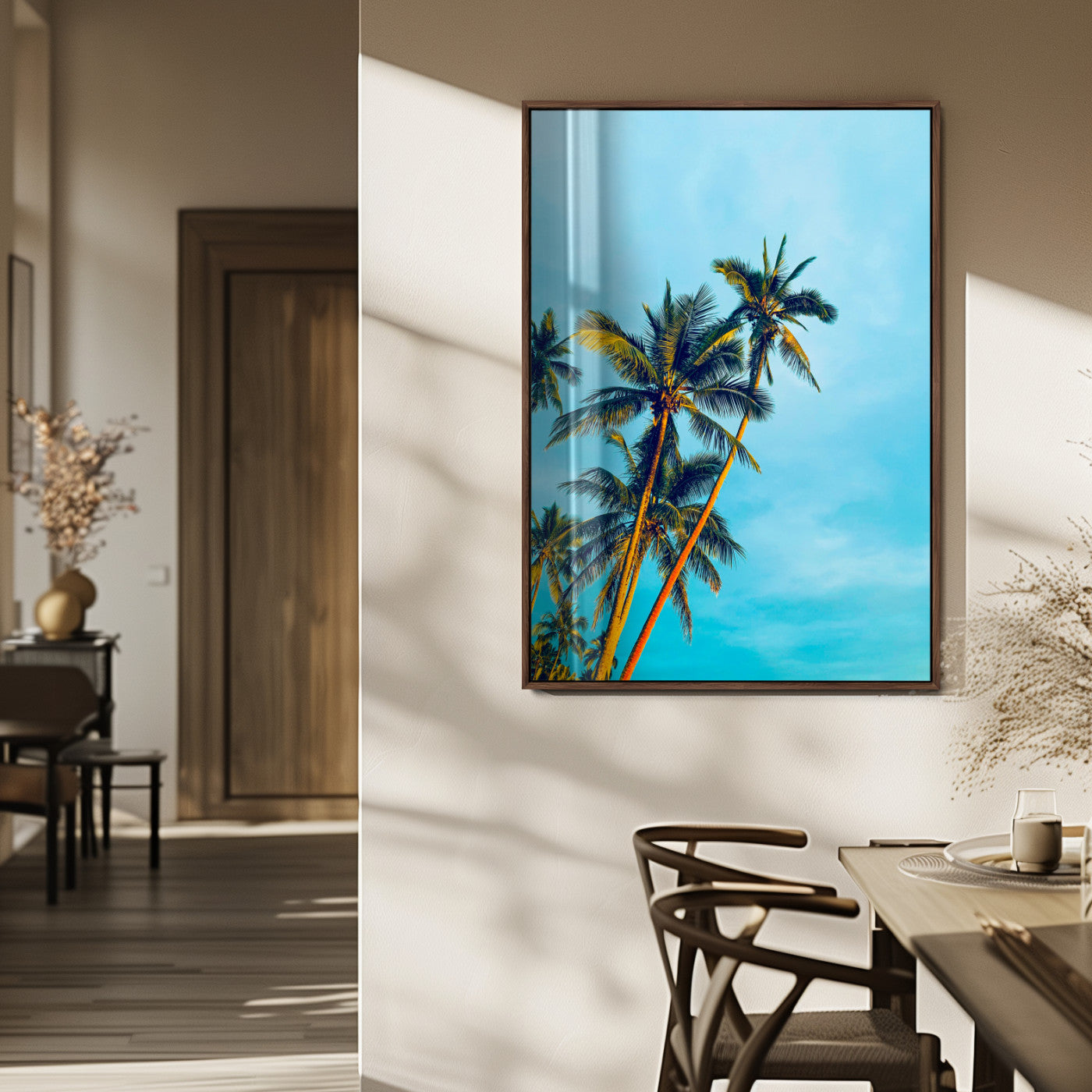 62885569-MGV-FP-48X32-3P_Walnut-Palm Trees Wall Art Canvas Print, Framed Tropical Vibes Art Picture Print, Blue Sky Perfect Coastal Boho Decor Artwork