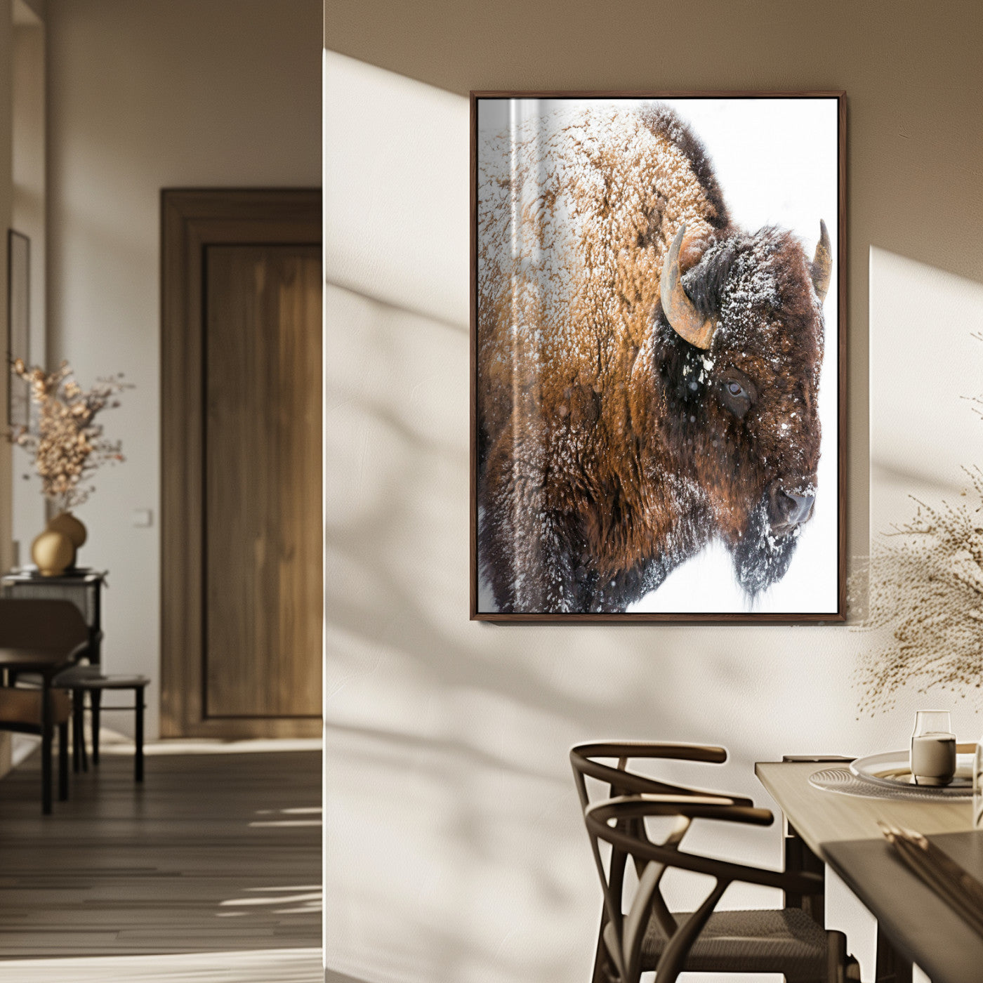 27690436-MGV-FP-48X32-3P_Walnut-Snowy Buffalo Wall Art Canvas Print, Framed Wildlife Photography Art Picture Print, Rustic Lodge Perfect Rustic Lodge Decor Decor